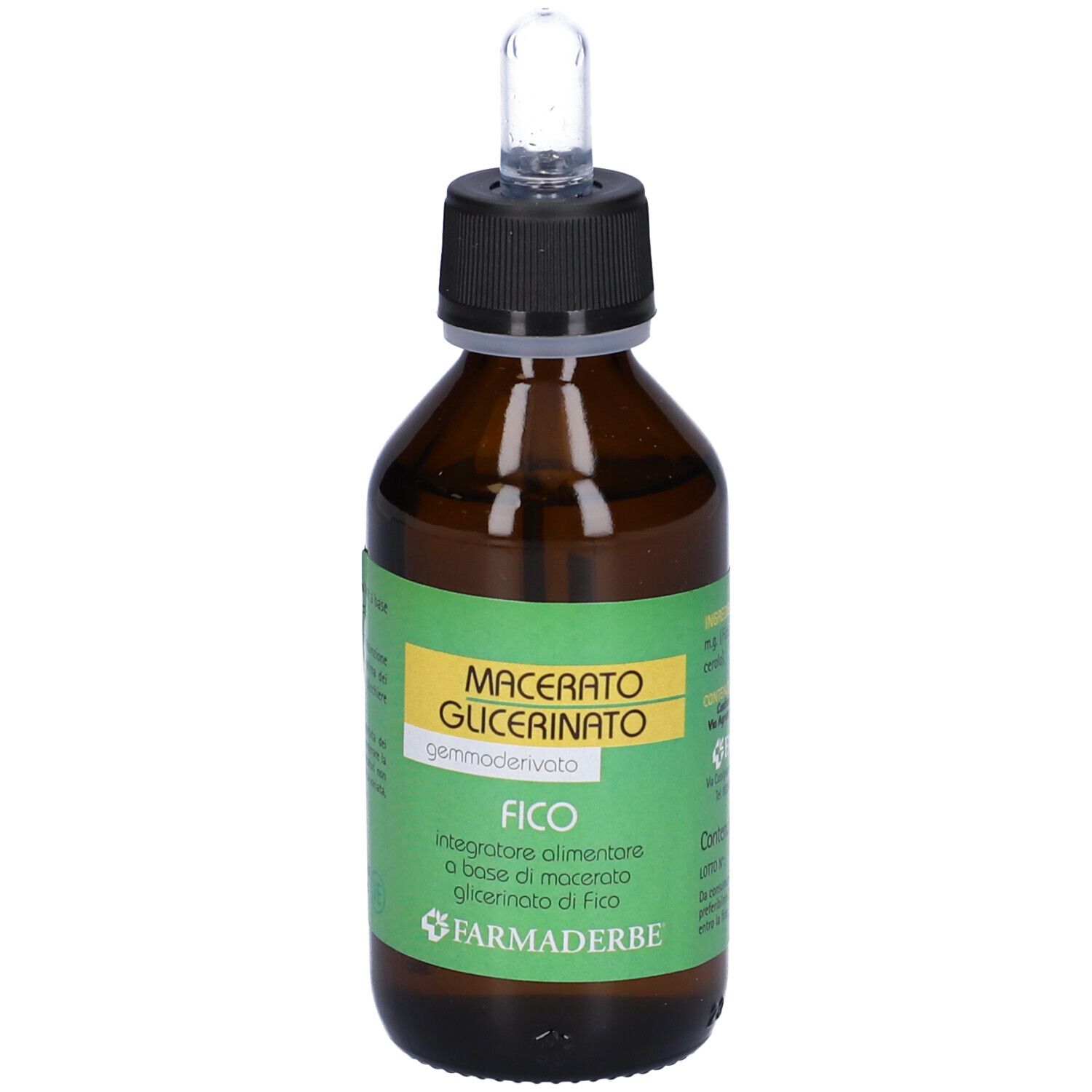 Flacon en verre brun avec bouchon noir et pipette. Étiquette avec texte : Macerato Glicerinato, Fico, Farmaderbe.