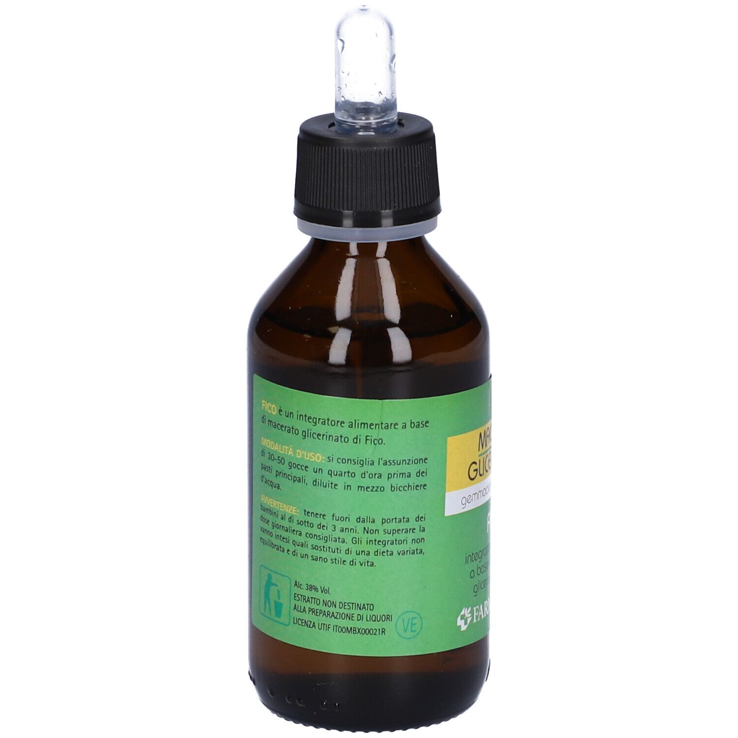 Flacon en verre brun avec bouchon noir et pipette. Étiquette avec texte et informations. Logo Farmaderbe.