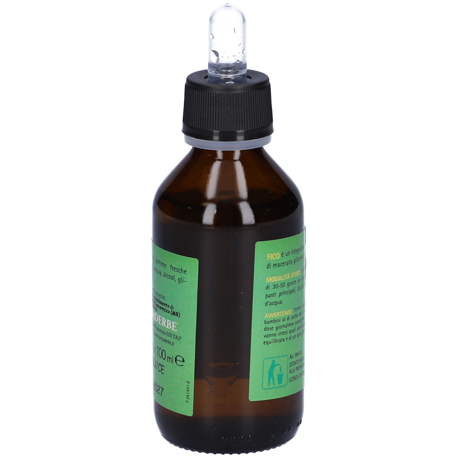 Flacon en verre brun avec bouchon noir et pipette. Étiquette avec texte et informations. Logo Farmaderbe.