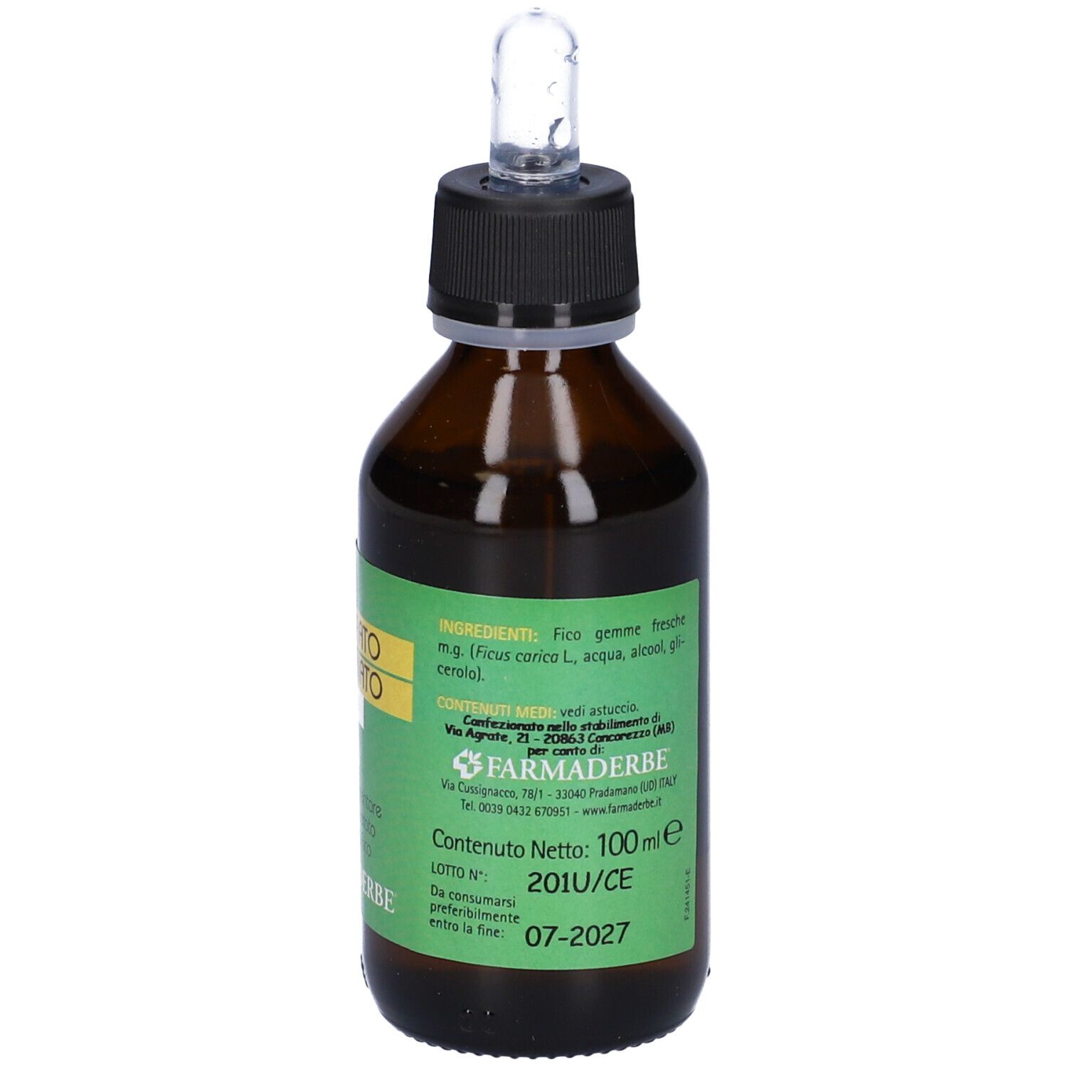 Flacon en verre brun avec bouchon noir et pipette. Étiquette avec texte et informations. Logo Farmaderbe.