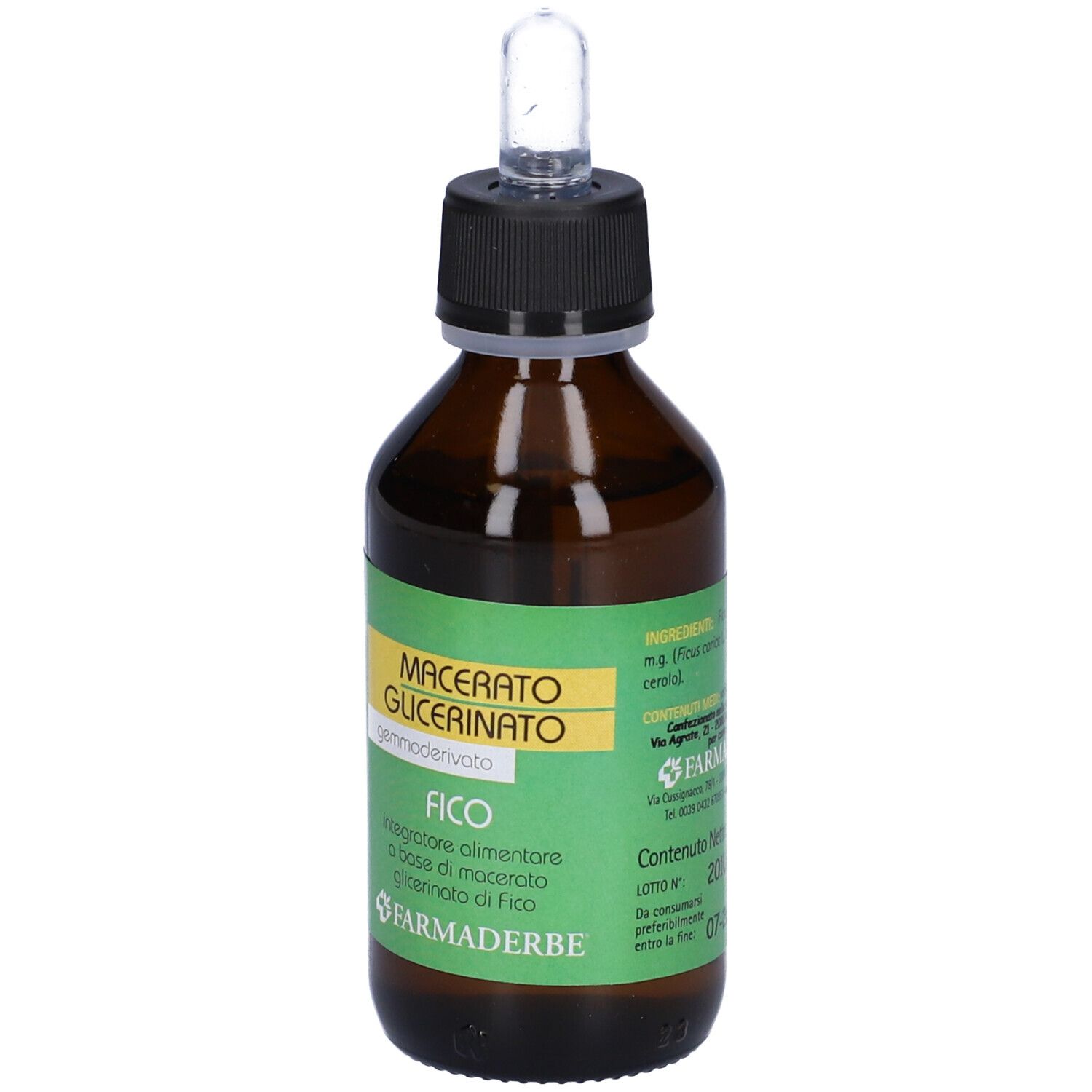 Flacon en verre brun avec bouchon noir et pipette. Étiquette avec texte et informations. Logo Farmaderbe.