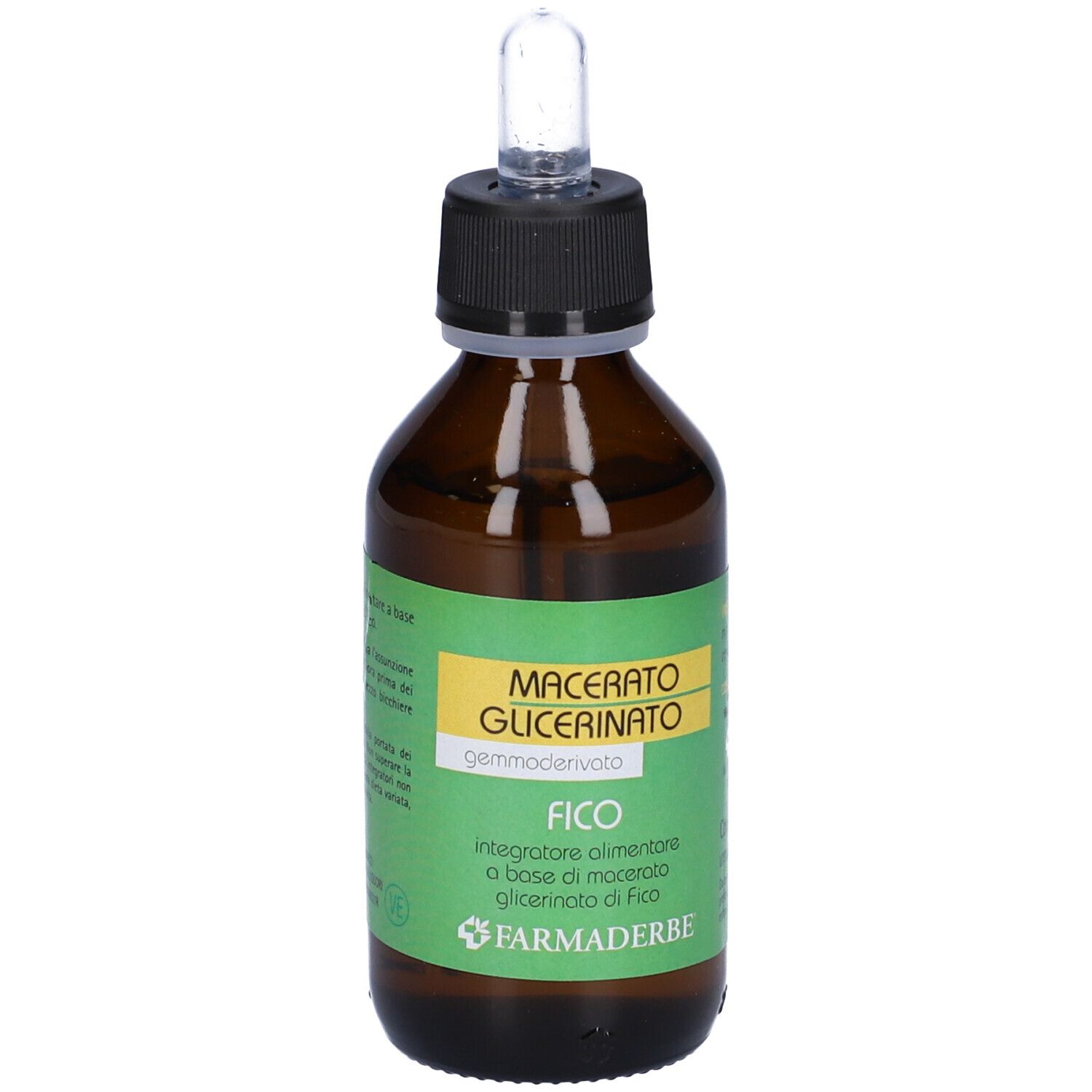 Flacon en verre brun avec bouchon noir et pipette. Étiquette avec texte : Macerato Glicerinato, Fico, Farmaderbe.