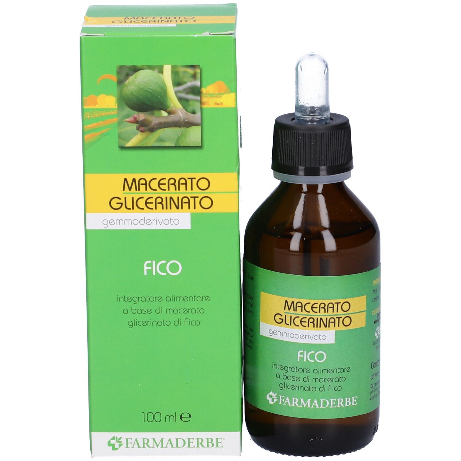 Produit et emballage. Flacon brun avec pipette à côté d'une boîte verte. Texte : Macerato Glicerinato, Fico, Farmaderbe.
