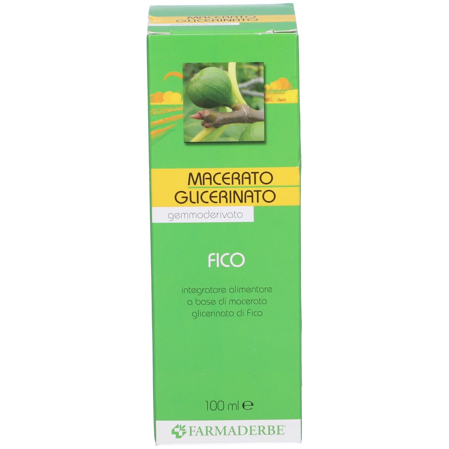 Boîte verte avec étiquette produit. Image d'une figue. Texte : Macerato Glicerinato, Fico, Farmaderbe.