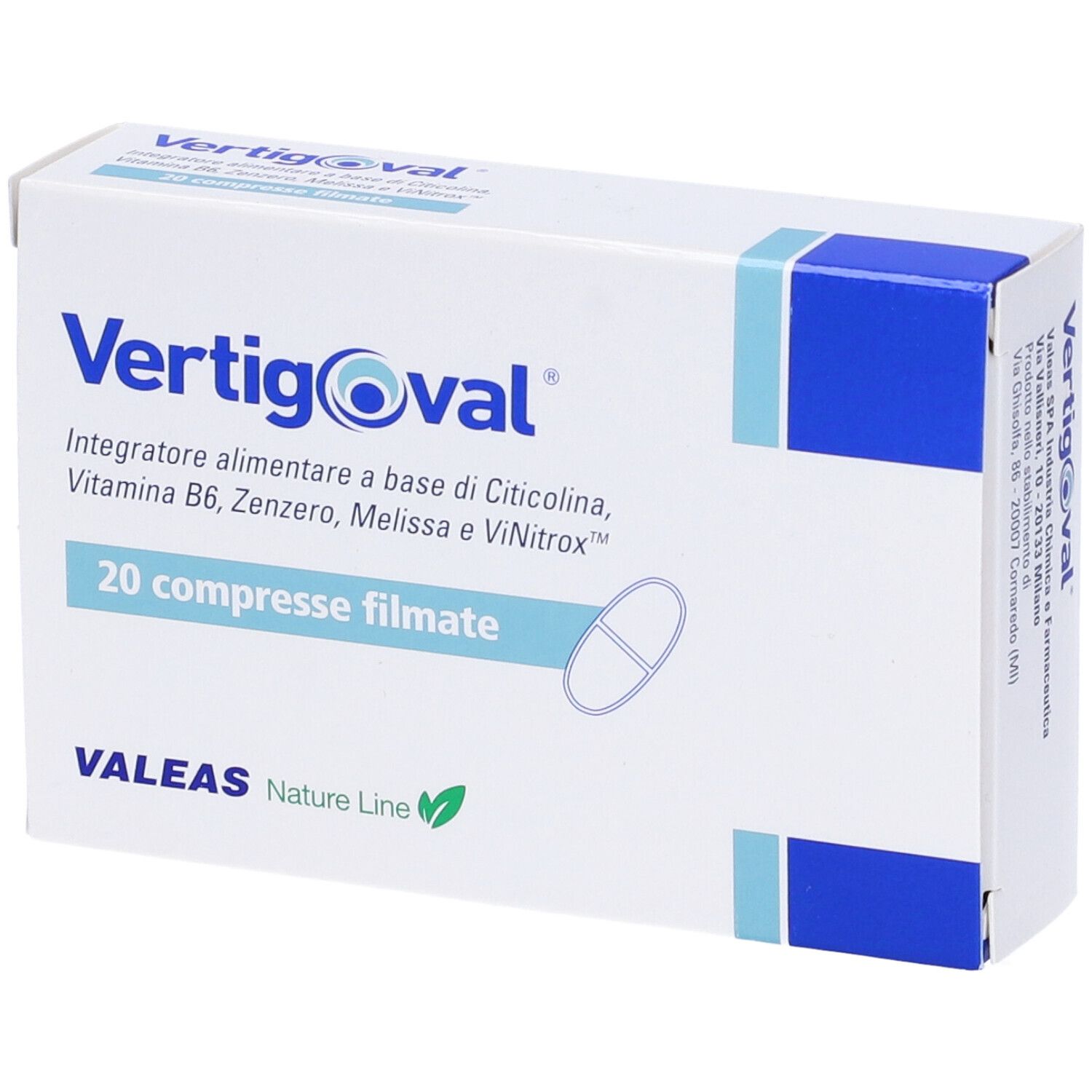 Produktverpackung, leicht schräg. Produktname, 20 Tabletten. Blaue Akzente. VALEAS-Logo.