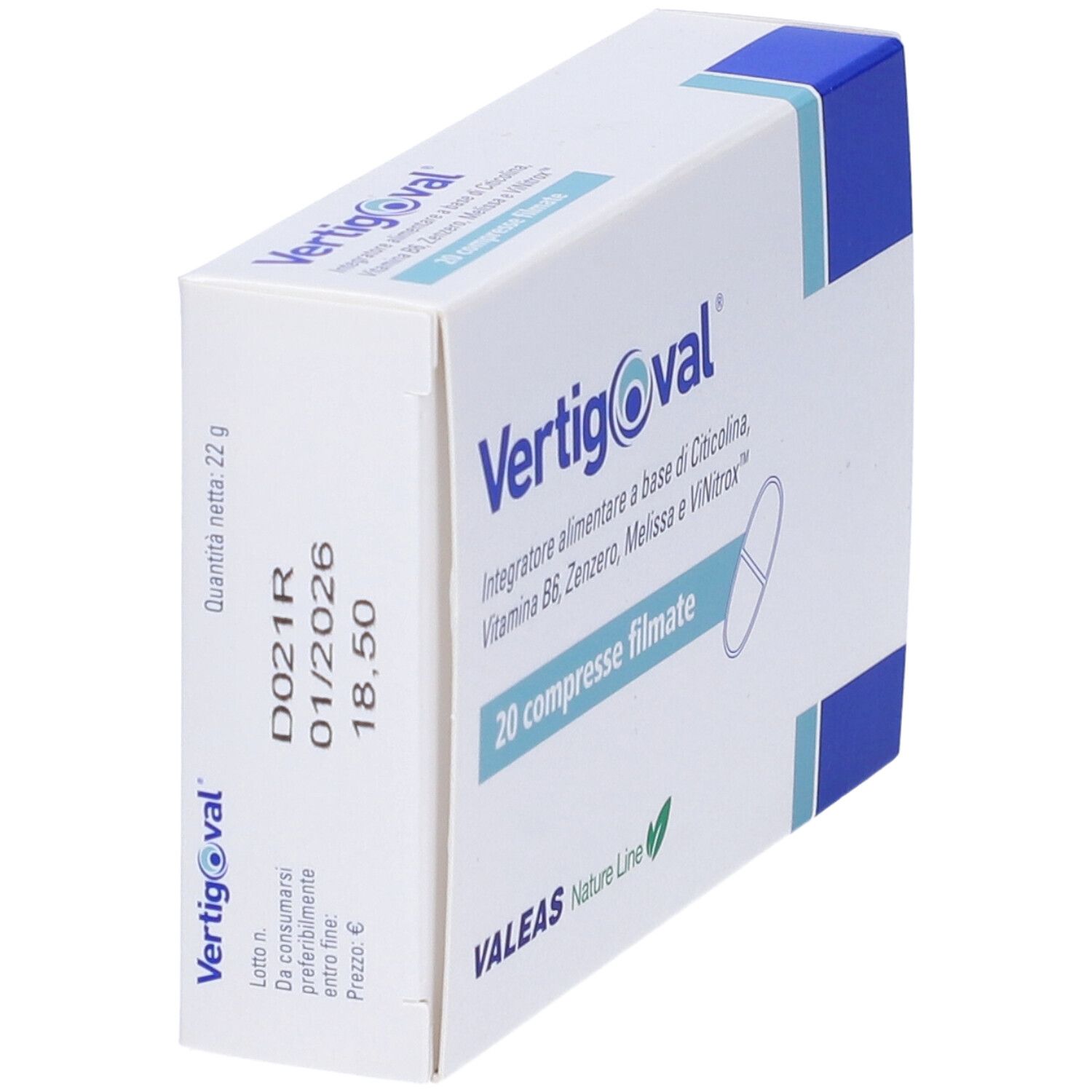Produktverpackung, leicht schräg. Produktname, 20 Tabletten. Blaue Akzente. VALEAS-Logo.