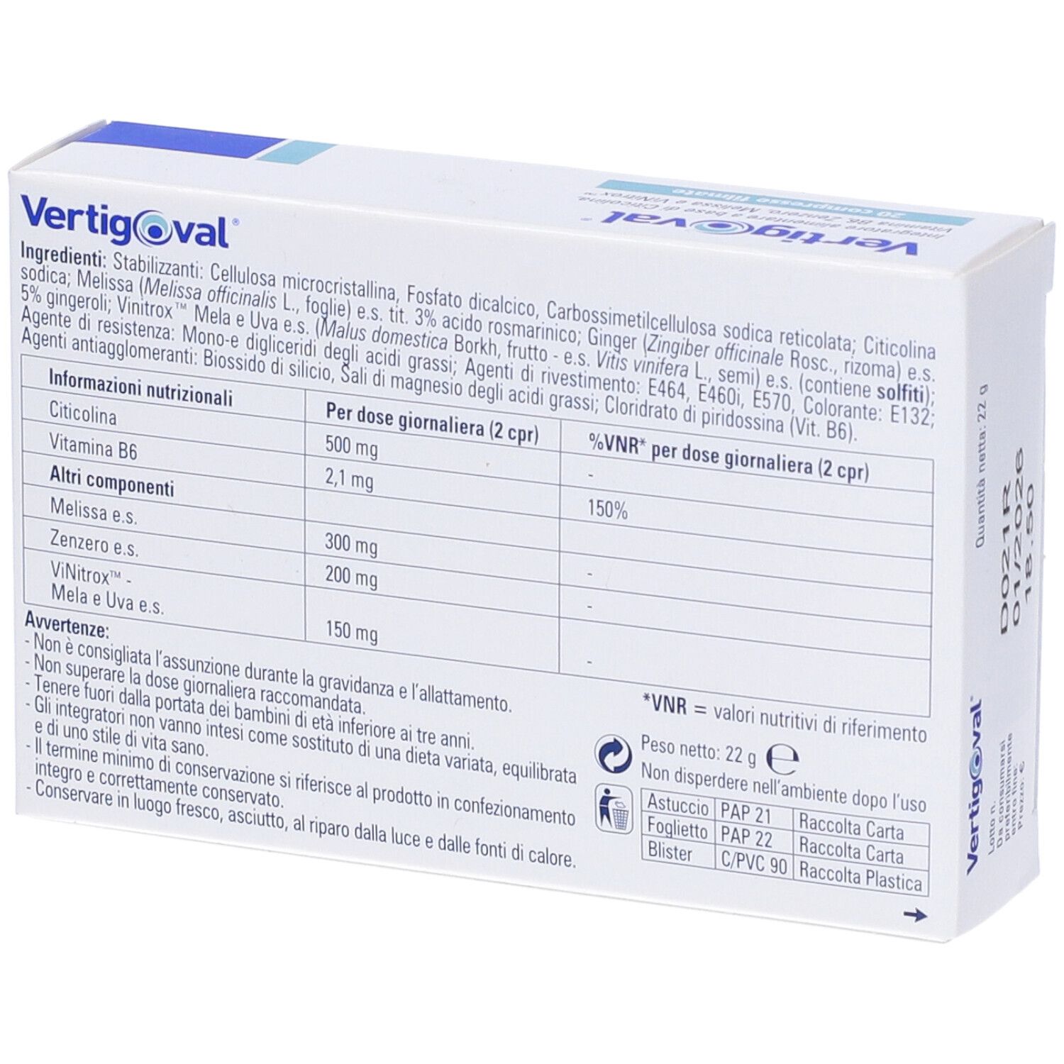 Rückseite der Produktverpackung. Inhaltsstoffe, Nährwertangaben, Warnhinweise.