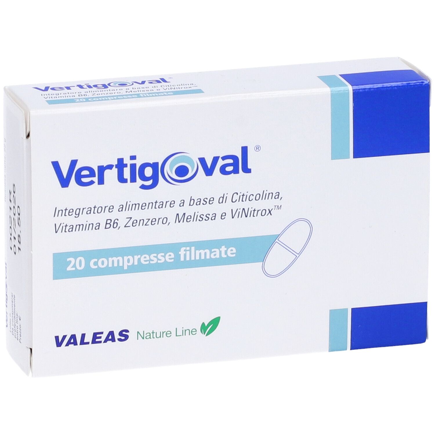 Produktverpackung mit Produktnamen und 20 Tabletten. Blaue Akzente. VALEAS-Logo.