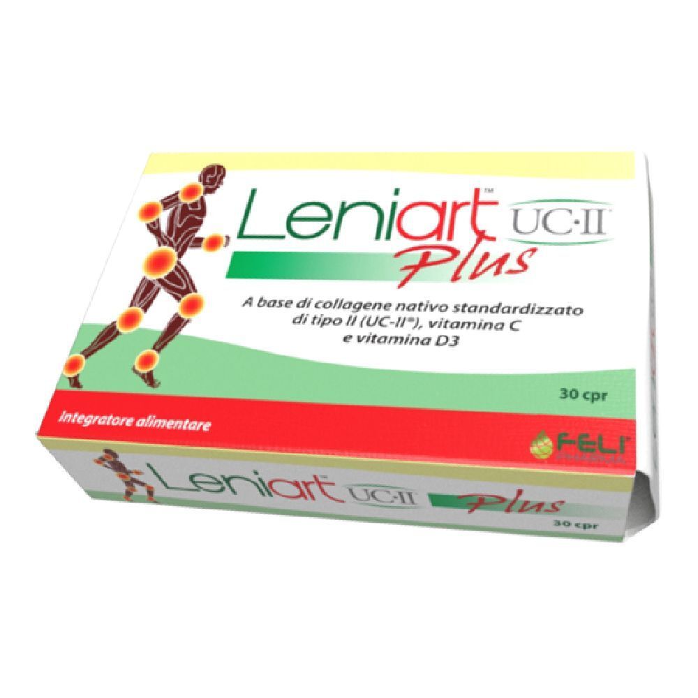 Boîte de Leniart Plus UC-II. Blanche, jaune et rouge. Contient 30 comprimés. Nom du produit et ingrédients imprimés.