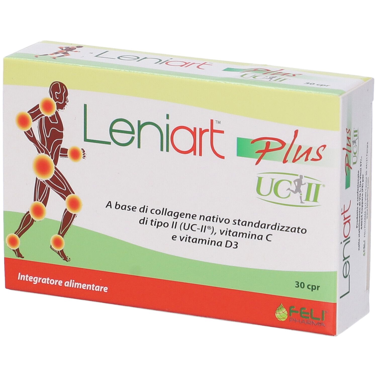 Boîte de Leniart Plus UC-II. Blanche, jaune et rouge. Contient 30 comprimés. Nom du produit et ingrédients imprimés.