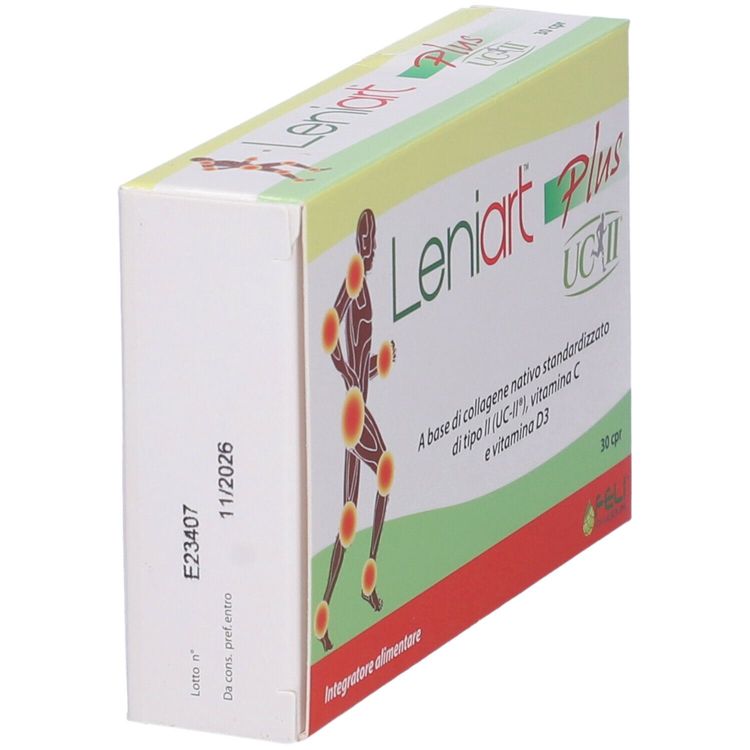 Vue latérale de la boîte Leniart Plus UC-II. Blanche, jaune et rouge. Contient 30 comprimés. Nom du produit et ingrédients imprimés.