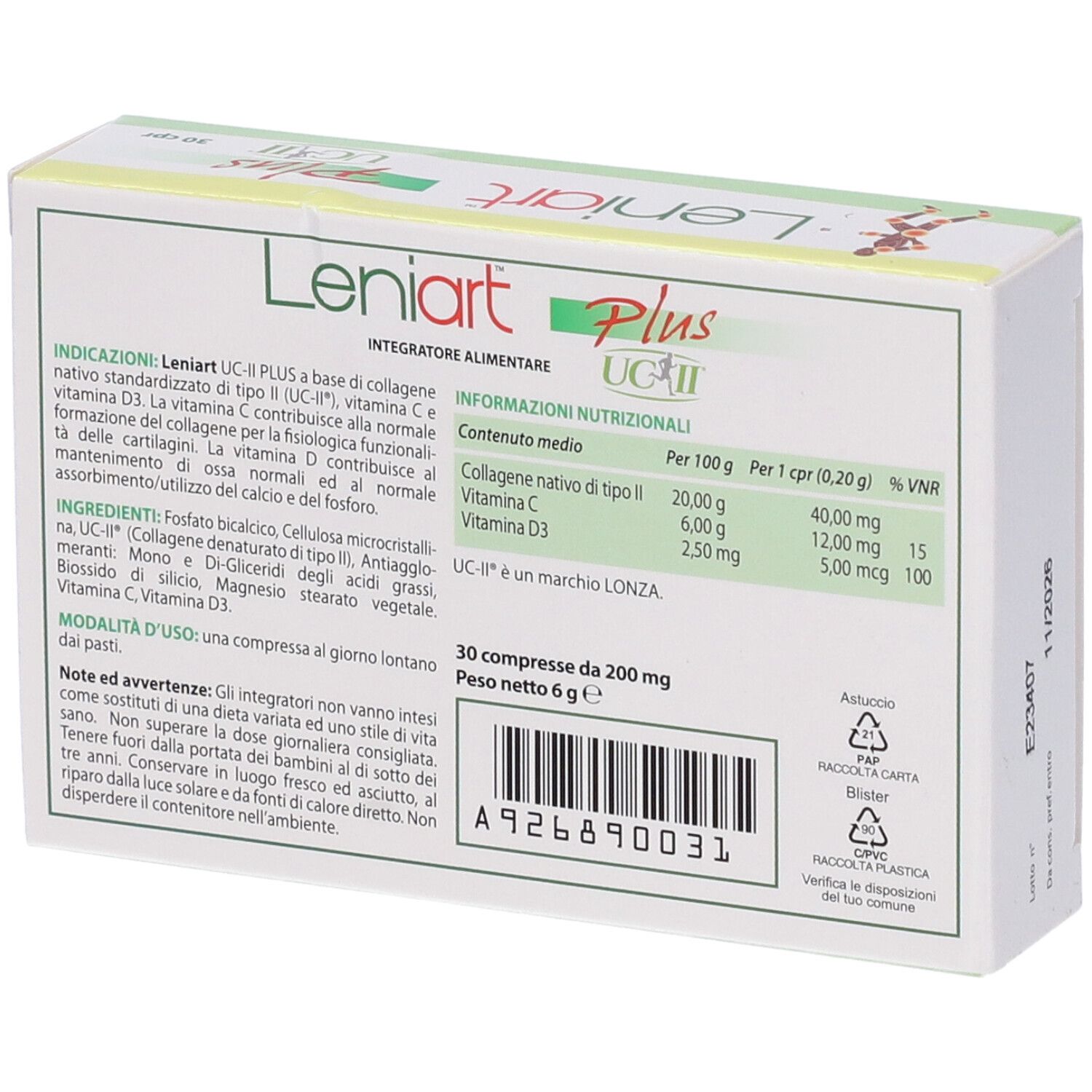 Dos de la boîte Leniart Plus UC-II. Contient des informations sur les ingrédients et les valeurs nutritionnelles. 30 comprimés.