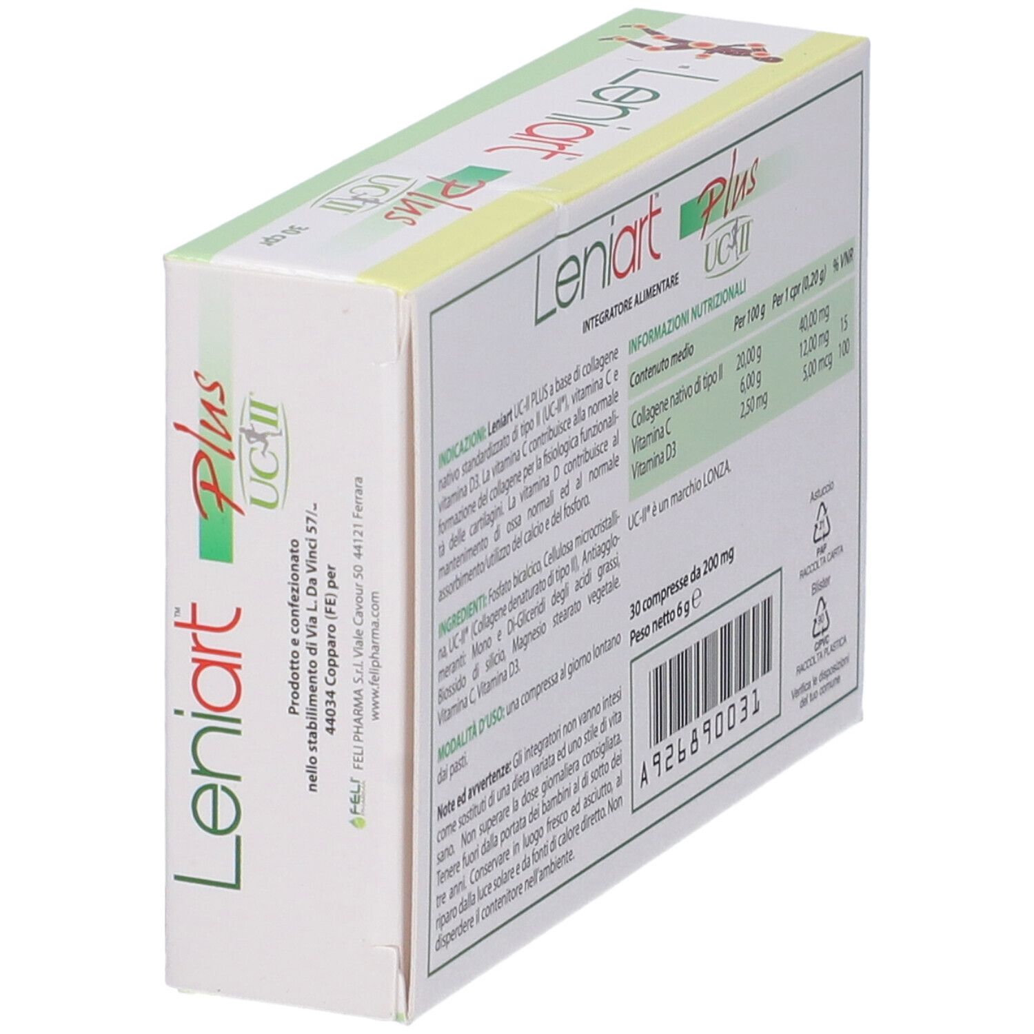 Vue en biais de la boîte Leniart Plus UC-II. Contient des informations sur les ingrédients et les valeurs nutritionnelles. 30 comprimés.