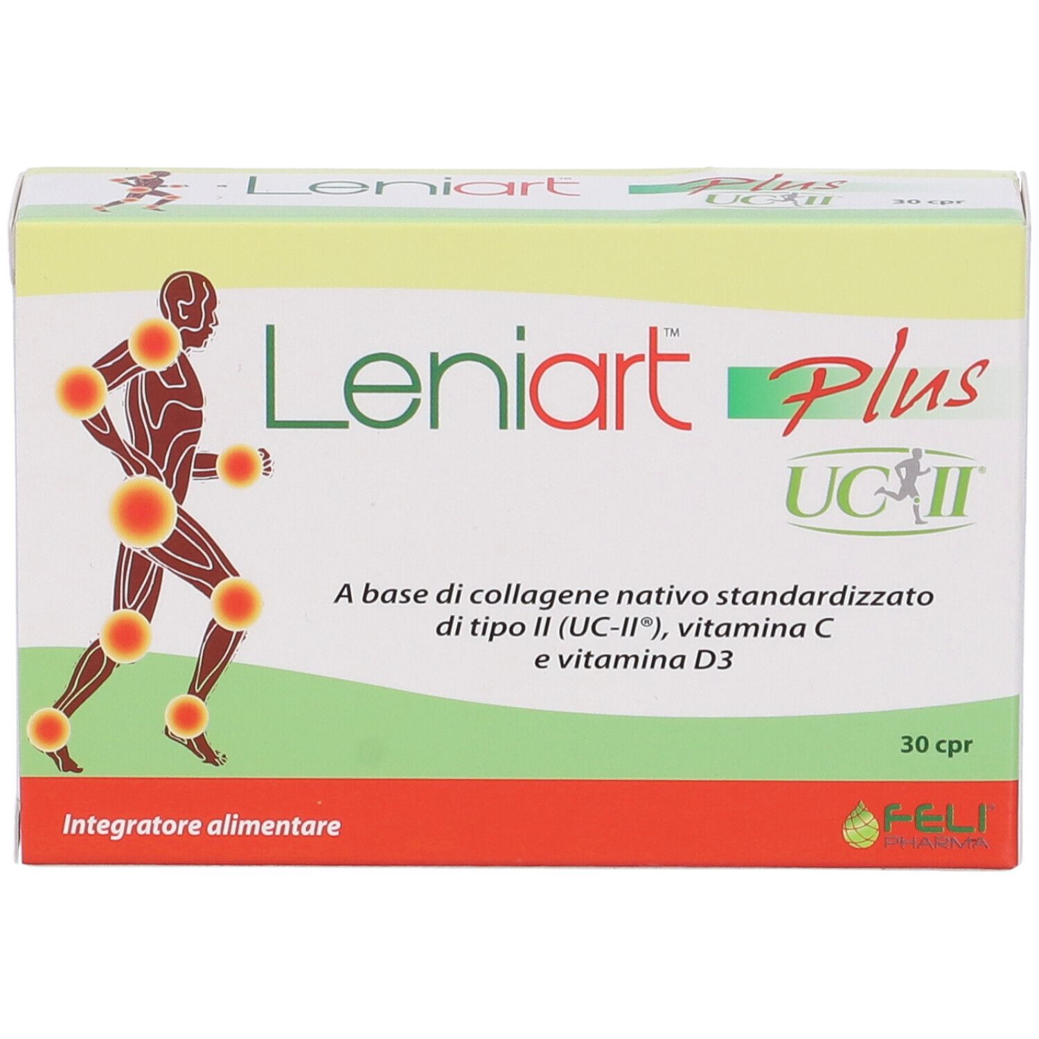 Boîte de Leniart Plus UC-II. Blanche, jaune et rouge. Contient 30 comprimés. Nom du produit et ingrédients imprimés.
