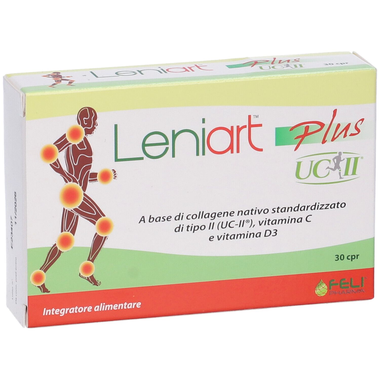 Boîte de Leniart Plus UC-II. Blanche, jaune et rouge. Contient 30 comprimés. Nom du produit et ingrédients imprimés.