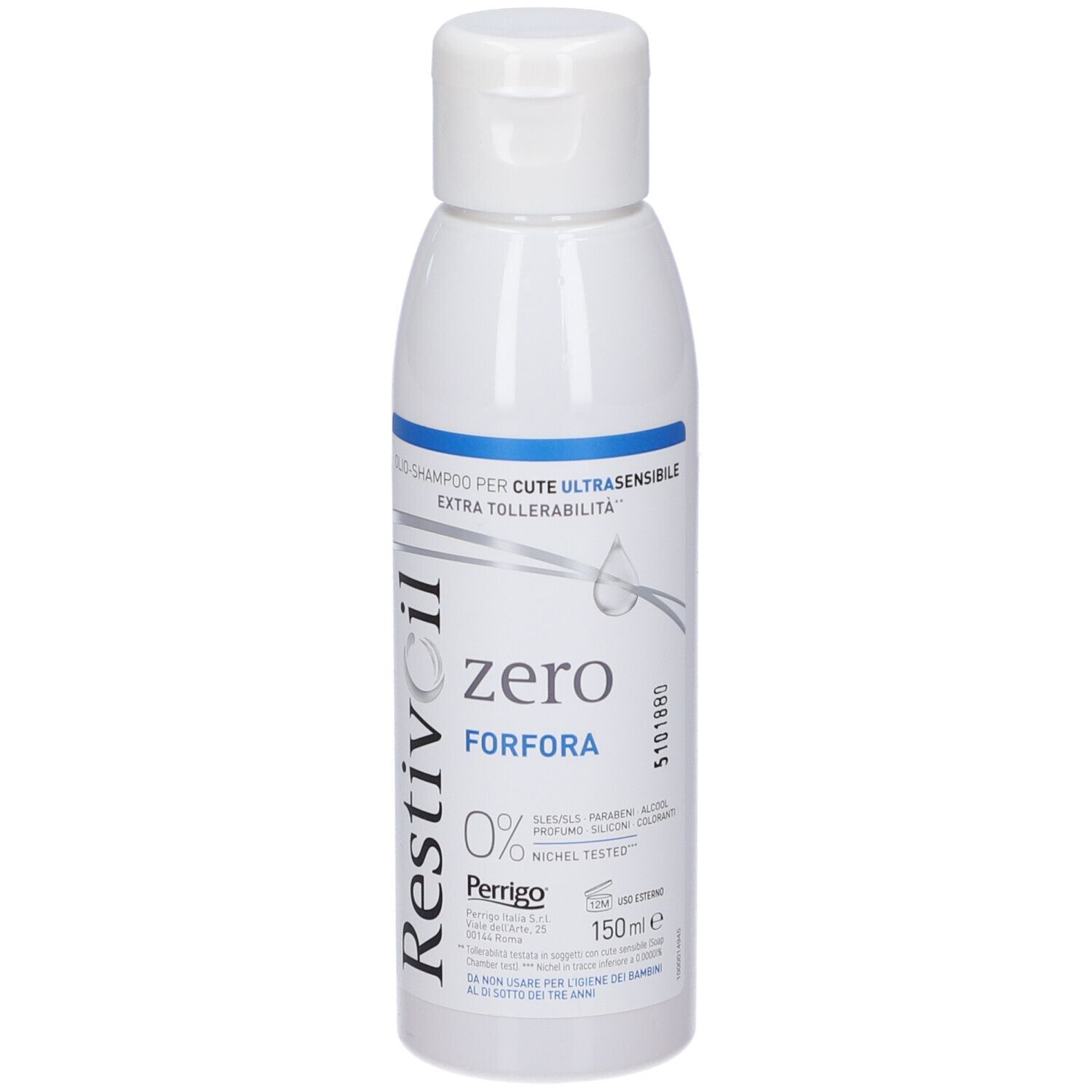 Flacon blanc avec bouchon rabattable. Inscription: Restivoil zero FORFORA. Texte: Shampooing pour cuir chevelu sensible. 0% SLES/SLS, parabènes, alcool, silicones, colorants.
