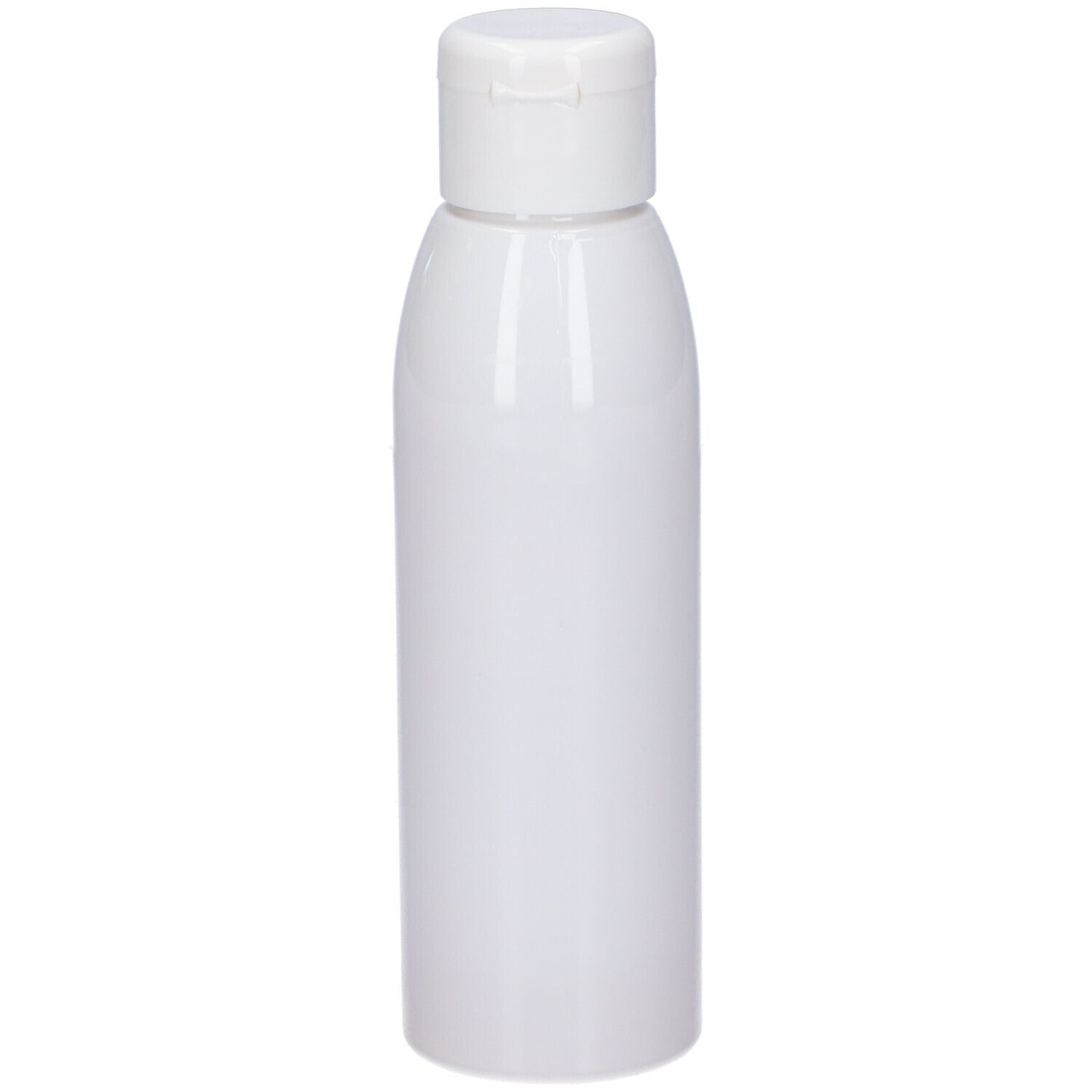 Flacon cylindrique blanc avec bouchon rabattable blanc. Surface lisse. Aucune inscription visible.