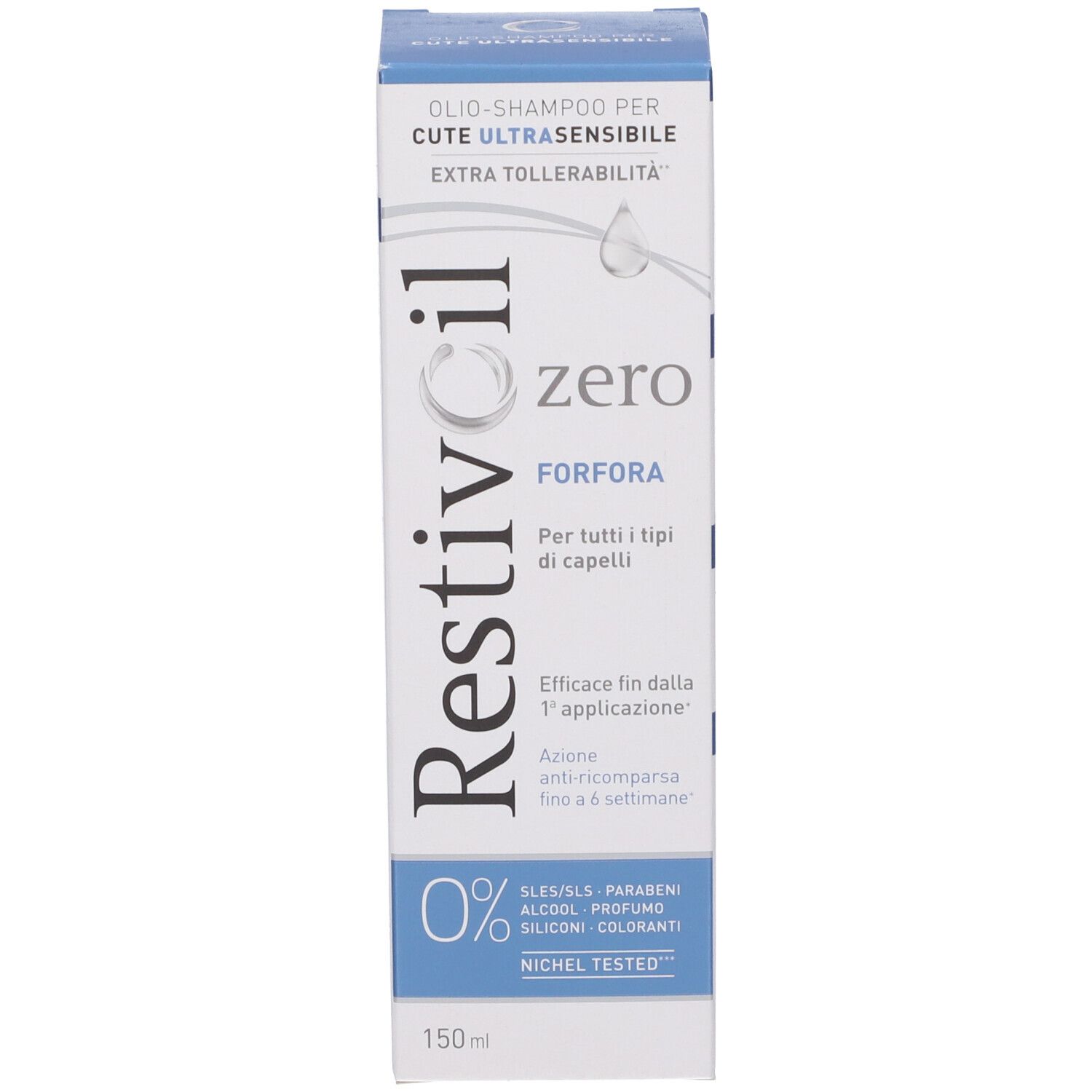 Emballage produit. Boîte: Restivoil zero FORFORA. Texte: Shampooing pour cuir chevelu sensible. 0% SLES/SLS, parabènes, alcool, silicones, colorants.