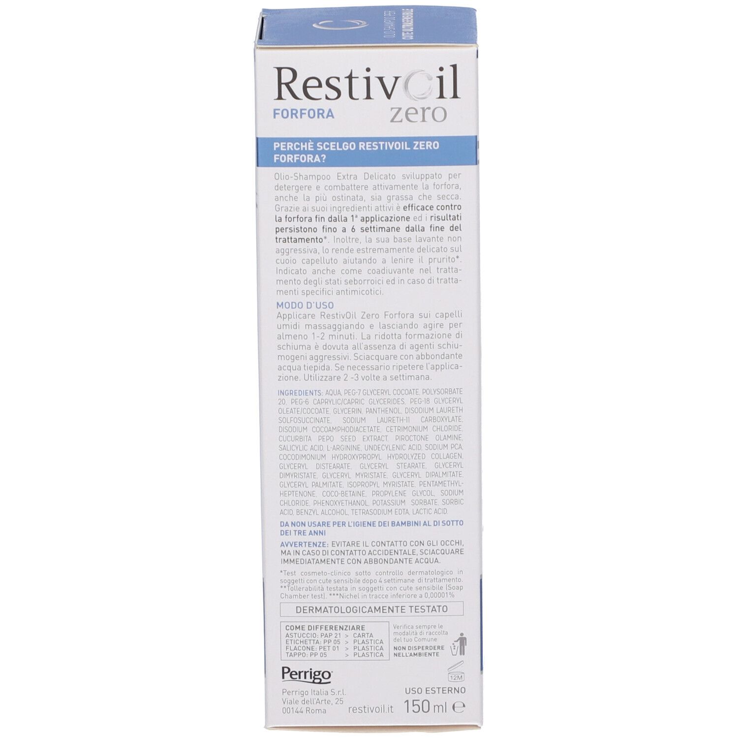 Dos de l'emballage du produit. Texte: Informations sur Restivoil zero FORFORA. Ingrédients, instructions d'utilisation et informations sur le fabricant.
