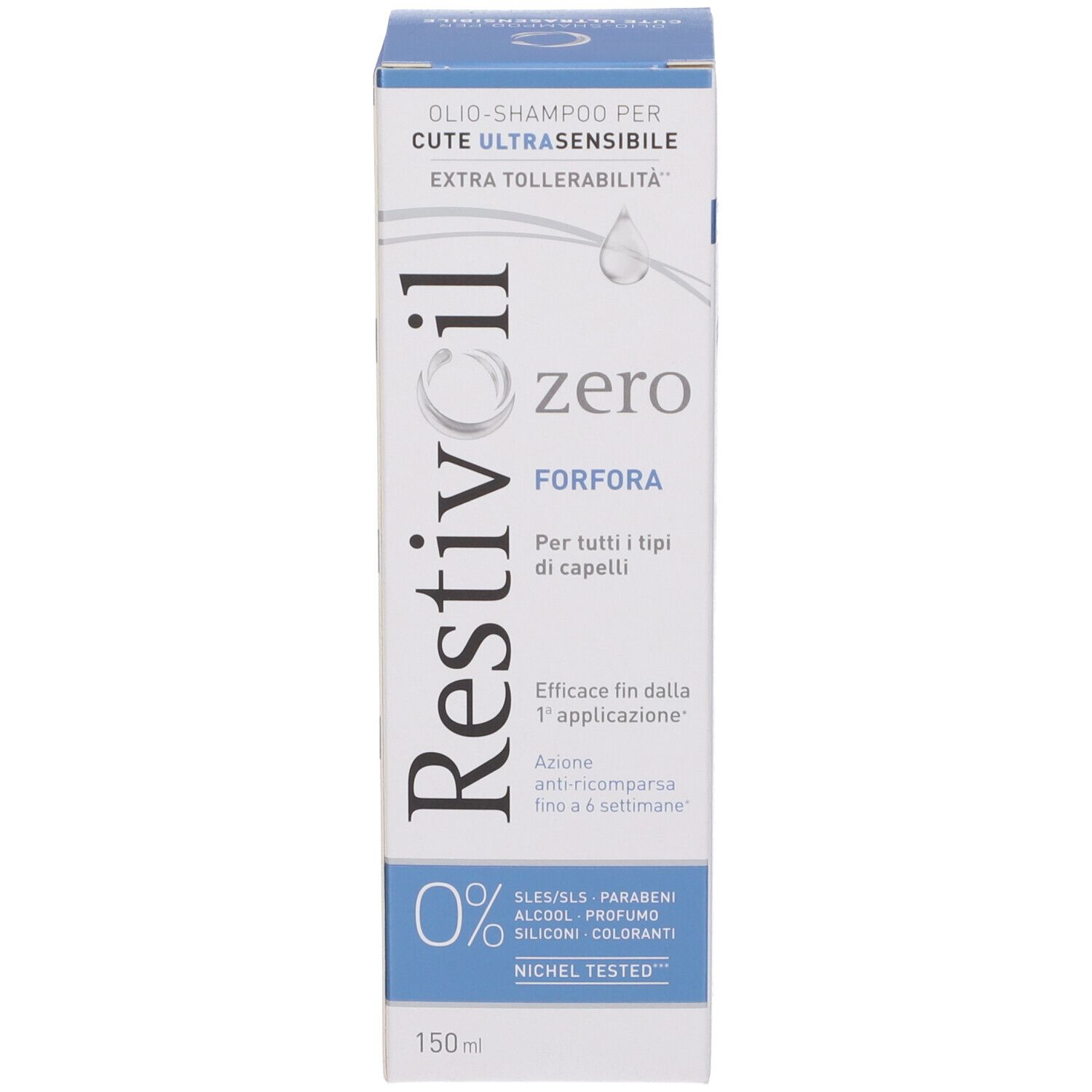 Emballage du produit. Texte: Restivoil zero FORFORA. Informations sur l'utilisation et les ingrédients. 0% SLES/SLS, parabènes, alcool, silicones, colorants.