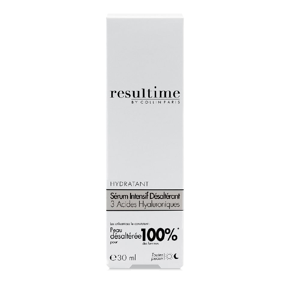 Resultime Serum in weißer Verpackung. Text: Resultime, Hydratant, Sérum Intensif Désaltérant, 3 Acides Hyaluroniques, 30 ml.