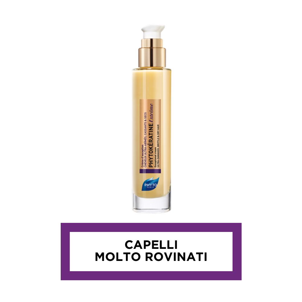 Texte sur fond violet : Capelli Molto Rovina. Produit pour cheveux très abîmés.