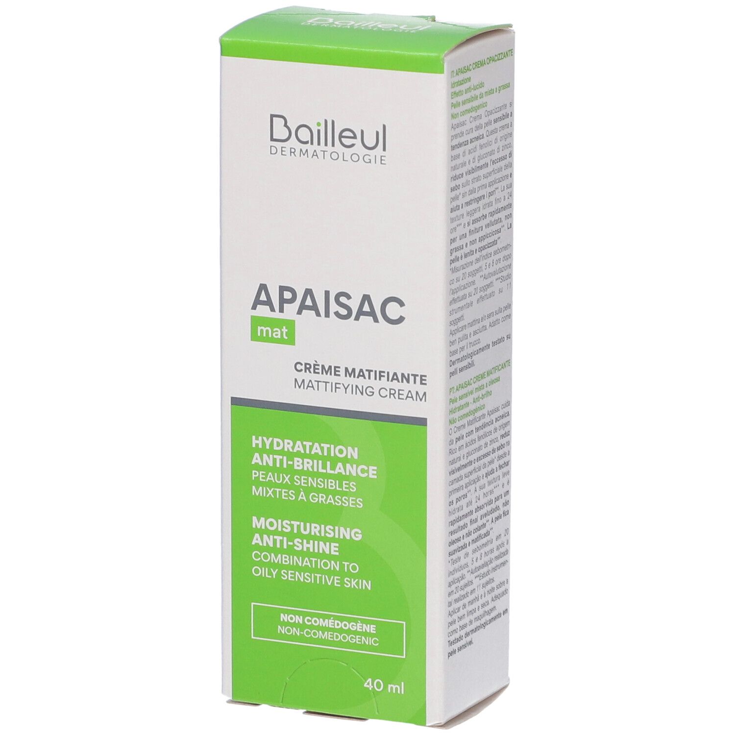 Weiße Schachtel mit grünem Deckel. Aufschrift: APAISAC mat, Crème Matifiante. Text: Hydratation, Anti-Brillance, Peaux Sensibles, Mixtes à Grasses.