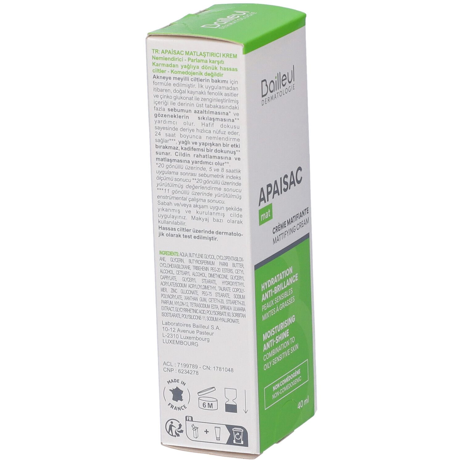 Weiße Schachtel, Rückseite mit Text. Aufschrift: APAISAC mat, Crème Matifiante. Text in mehreren Sprachen. 40 ml.