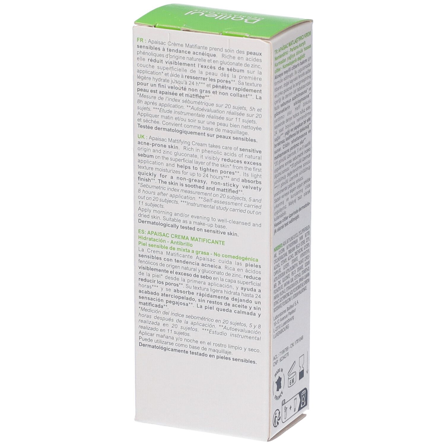 Weiße Schachtel, Seite mit Text. Aufschrift: APAISAC Crème Matifiante. Text in mehreren Sprachen. 40 ml.
