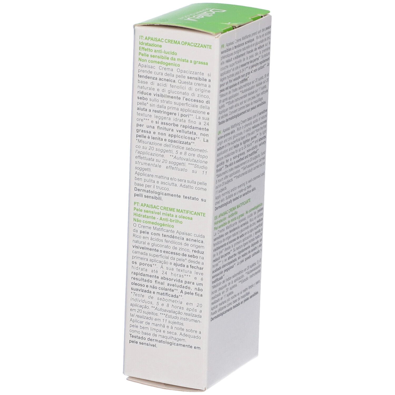 Weiße Schachtel, Seite mit Text. Aufschrift: APAISAC Crème Matifiante. Text in mehreren Sprachen. 40 ml.