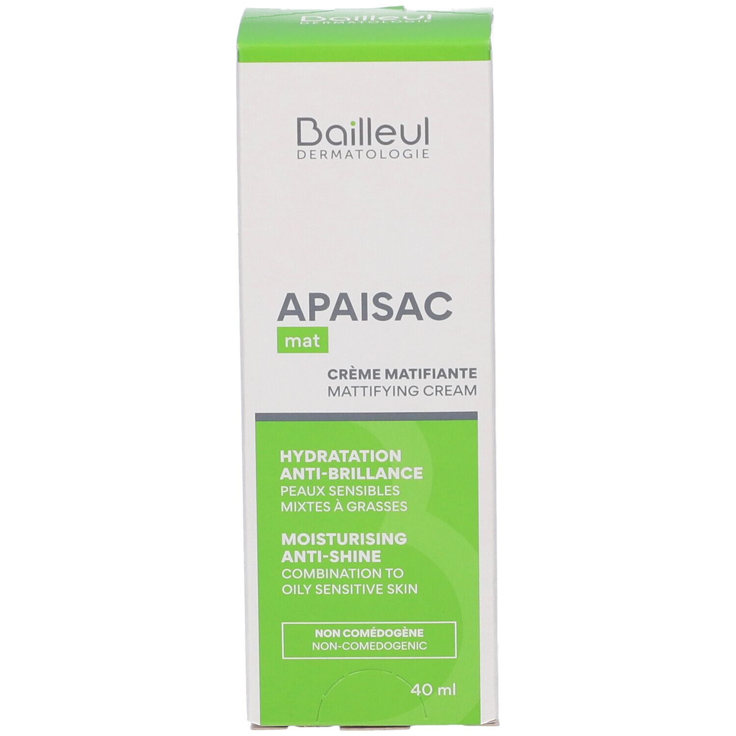 Weiße Schachtel mit grünem Deckel. Aufschrift: APAISAC mat, Crème Matifiante. Text: Hydratation, Anti-Brillance, Peaux Sensibles, Mixtes à Grasses. 40 ml.