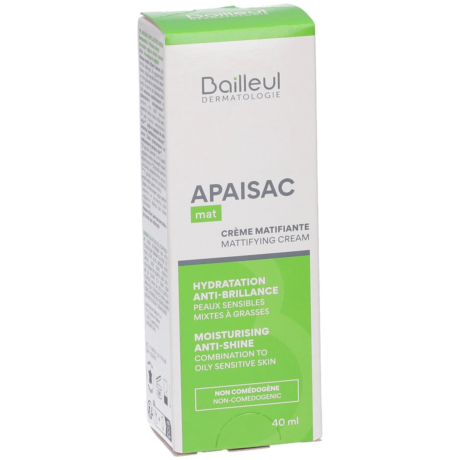 Weiße Schachtel mit grünem Deckel. Aufschrift: APAISAC mat, Crème Matifiante. Text: Hydratation, Anti-Brillance, Peaux Sensibles, Mixtes à Grasses. 40 ml.
