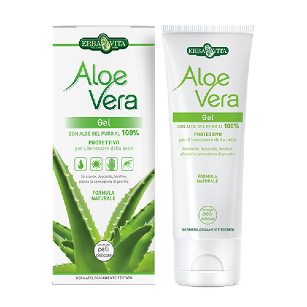 Gel d'Aloe Vera Erba Vita en tube et boîte. Blanc, imprimé vert. Texte: Gel d'Aloe Vera, gel pur à 100%, protecteur.