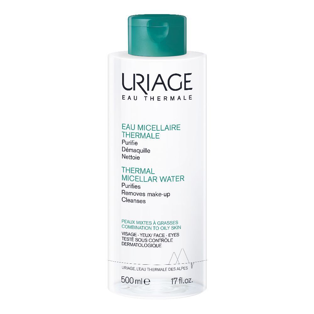 Uriage Thermalwasser Flasche. Weißes Etikett mit grüner Schrift. Grüner Deckel. Text: Eau Micellaire Thermale, reinigt, entfernt Make-up.