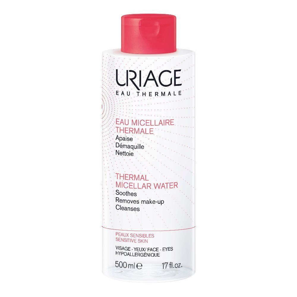 Flacon d'Eau Micellaire Thermale Uriage, bouchon rouge. Texte: Eau Thermale, Thermal Water, 500ml.