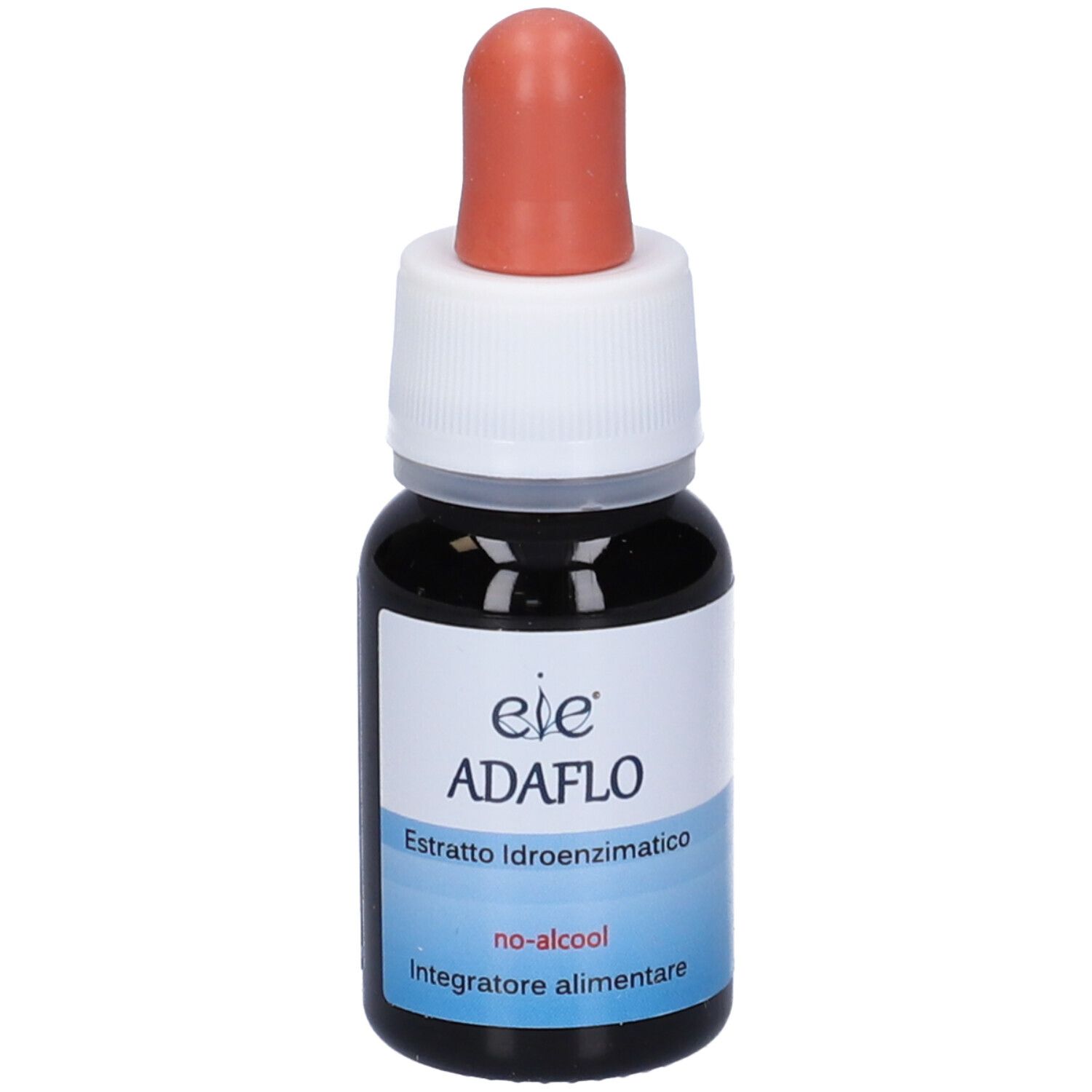 Liquide brun dans un petit flacon en verre avec compte-gouttes. Nom du produit : Adaflo. Étiquette avec description.