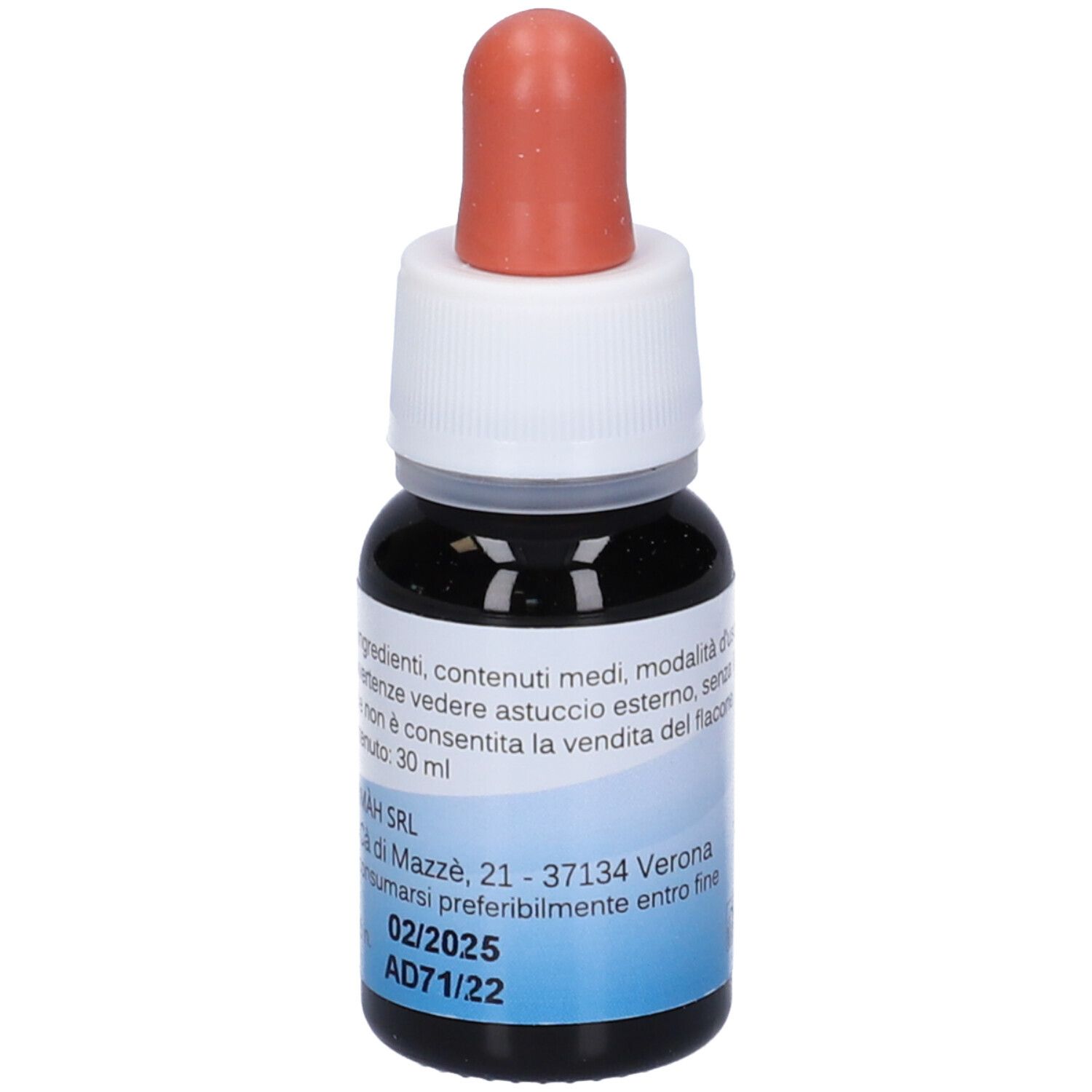 Petite bouteille en verre avec liquide brun et compte-gouttes. Nom du produit : Adaflo. Étiquette avec description et texte.