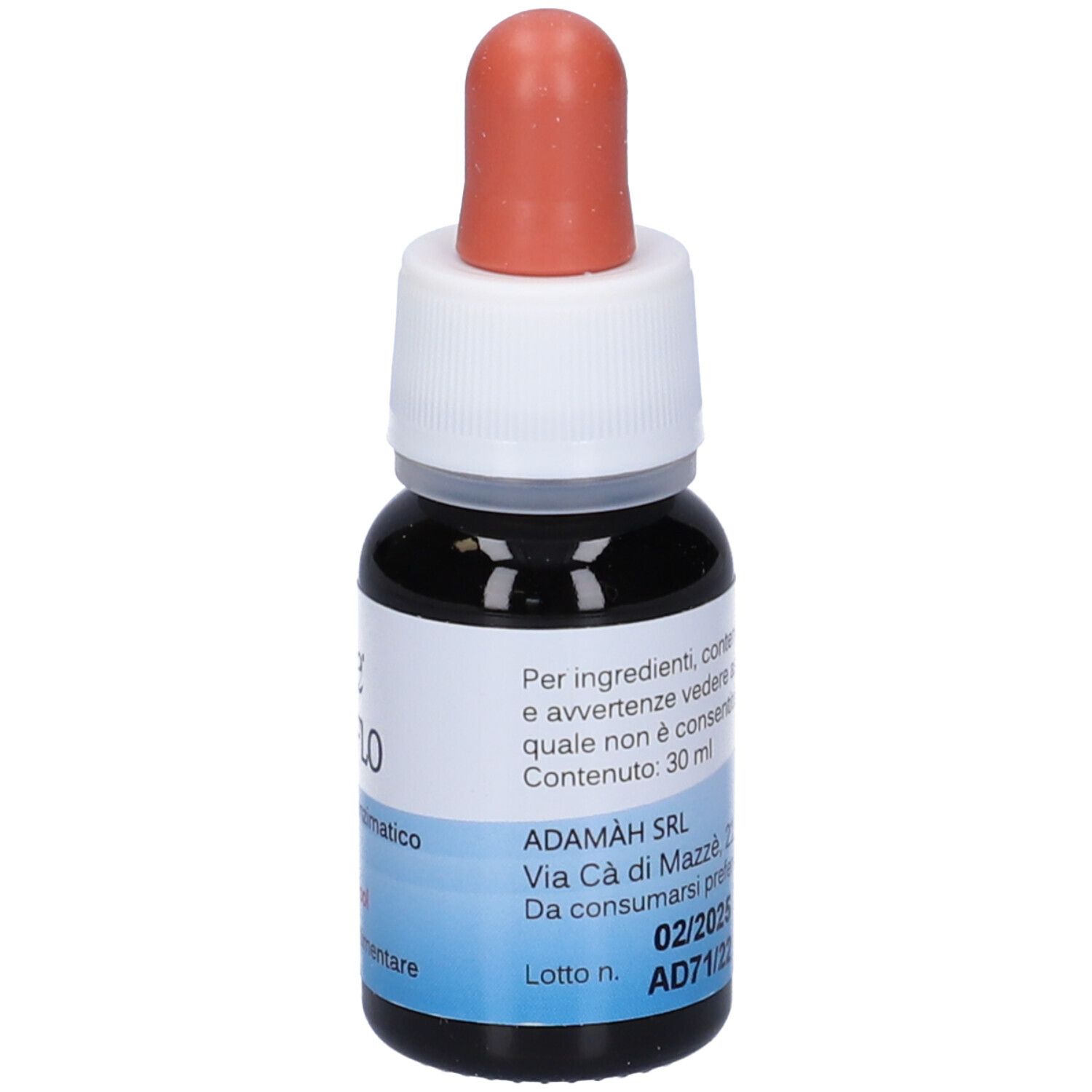 Petite bouteille en verre avec liquide brun et compte-gouttes. Nom du produit : Adaflo. Étiquette avec description et texte.