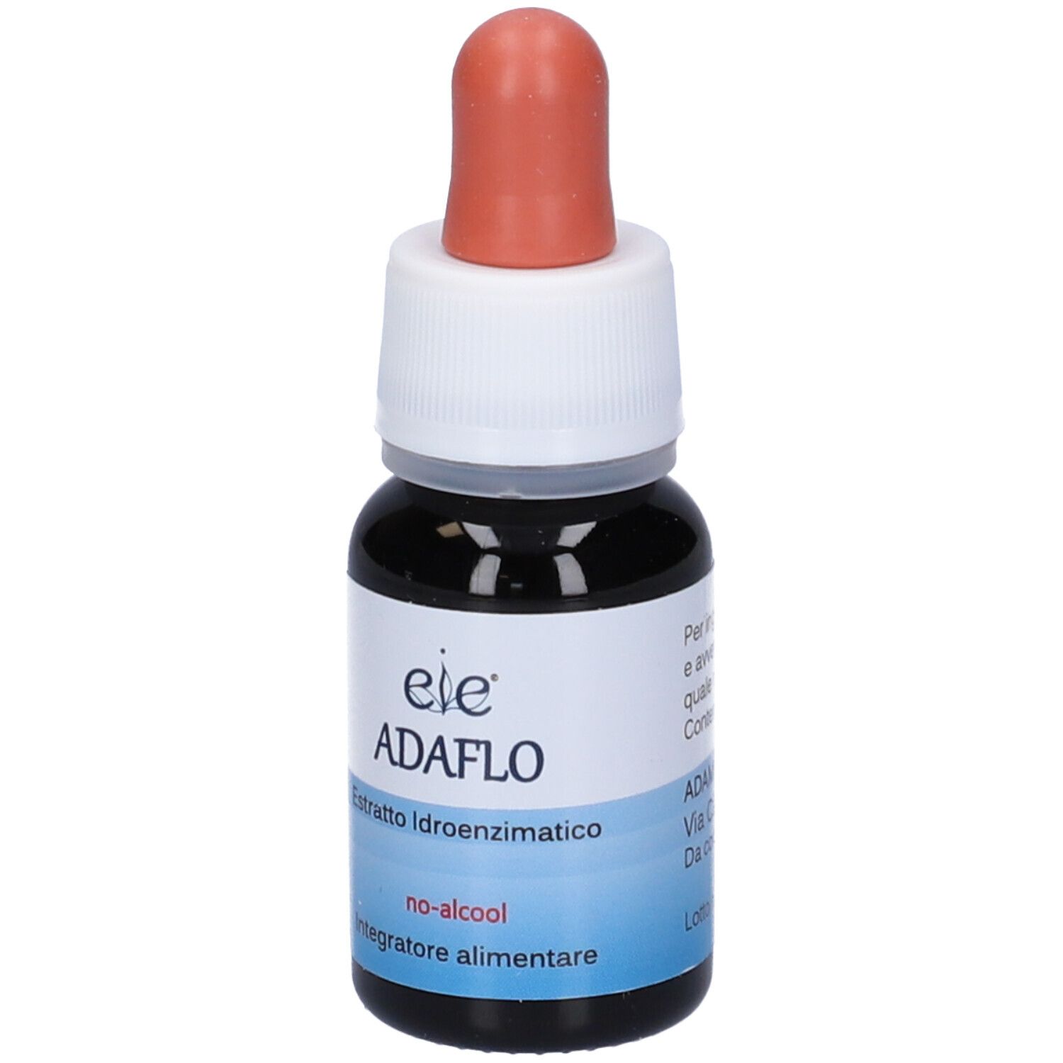 Petite bouteille en verre avec liquide brun et compte-gouttes. Nom du produit : Adaflo. Étiquette avec description et texte.
