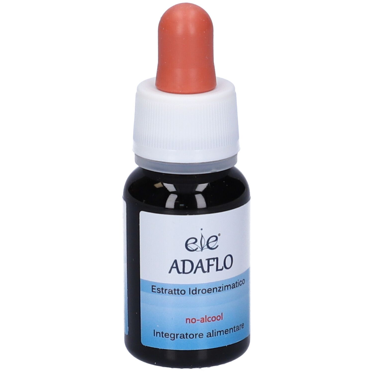 Petite bouteille en verre avec liquide brun et compte-gouttes. Nom du produit : Adaflo. Étiquette avec description et texte.