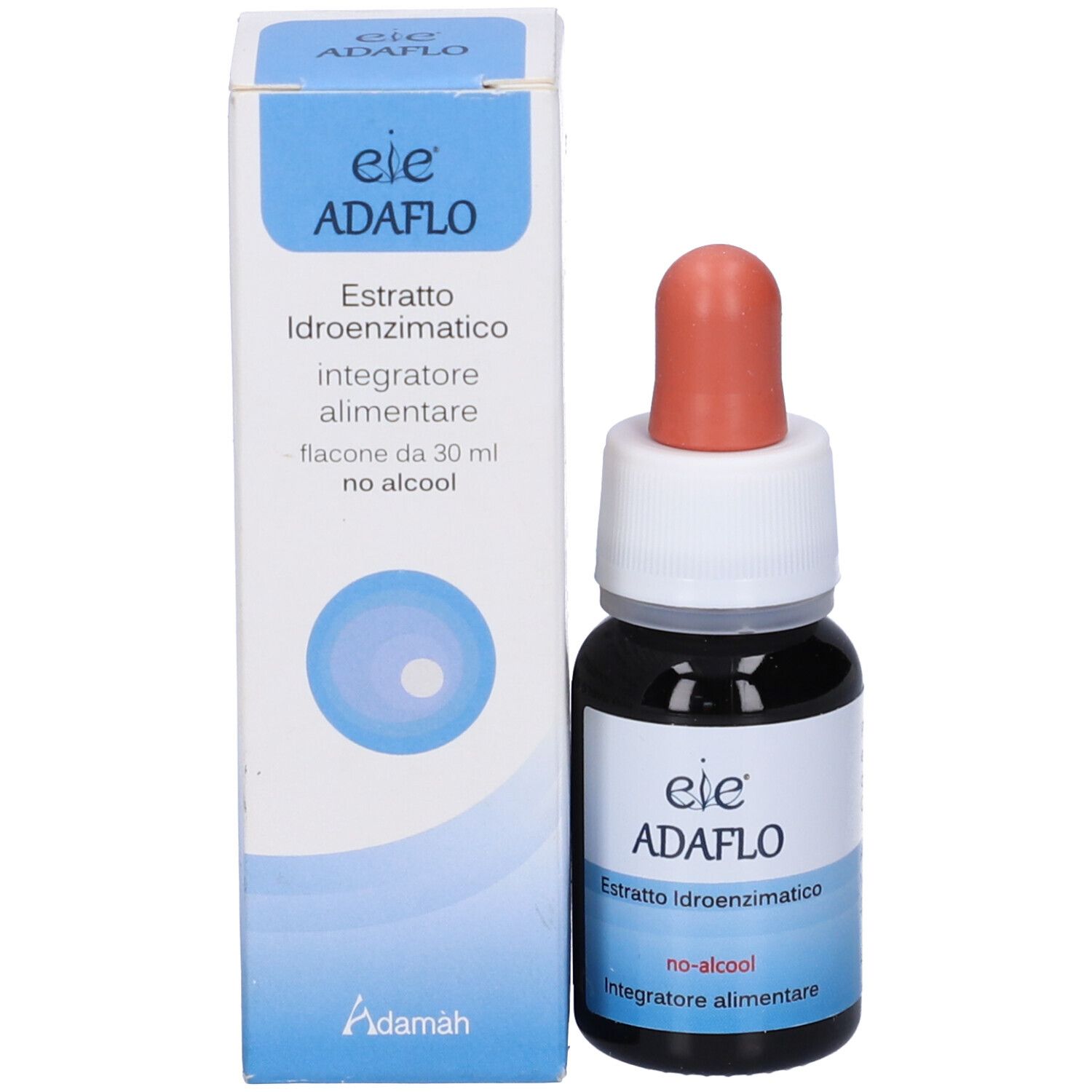 Flacon en verre avec compte-gouttes et boîte. Nom du produit : Adaflo. Étiquette avec description. Boîte avec nom du produit.