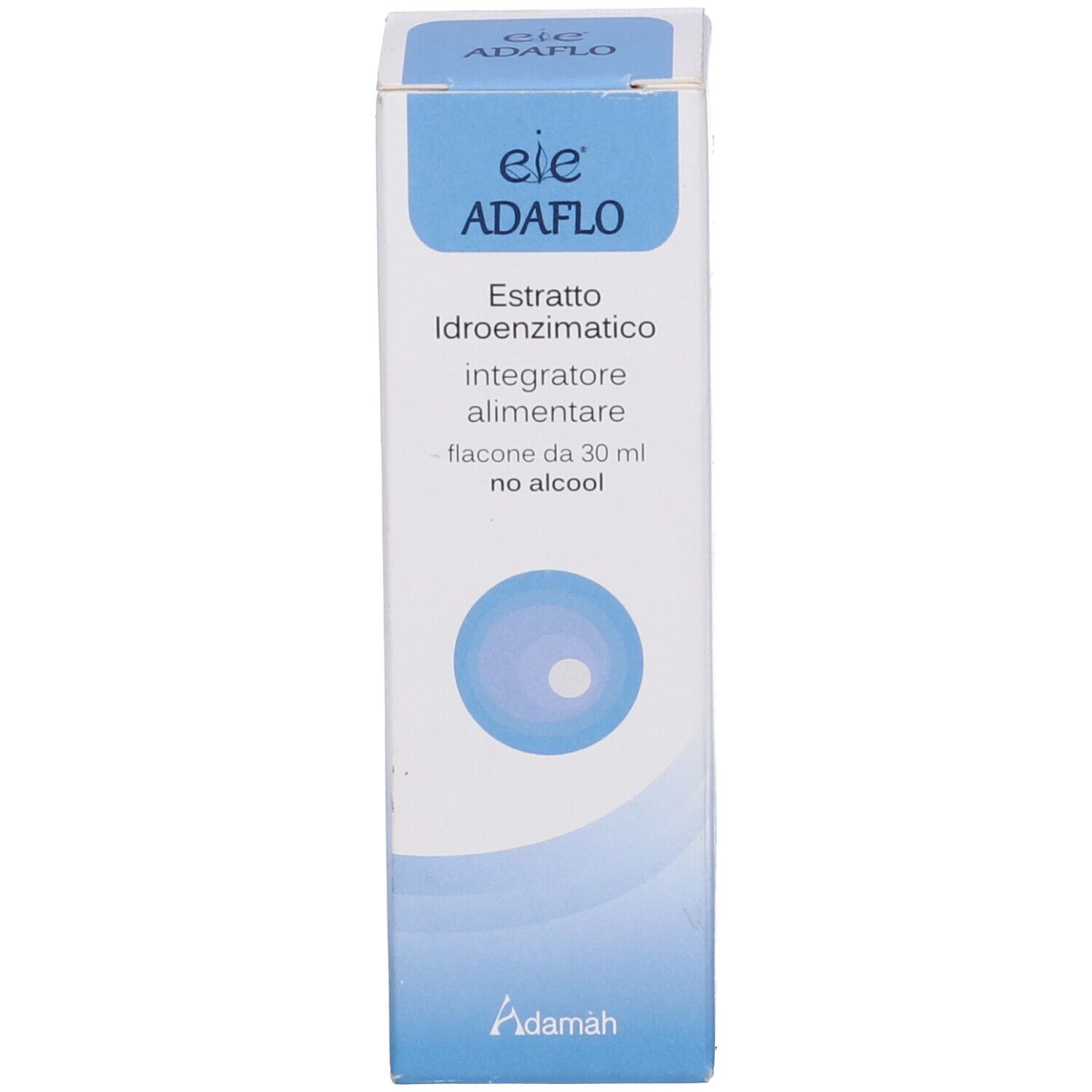 Boîte avec nom et description du produit. Couleurs bleu et blanc. Nom du produit : Adaflo.