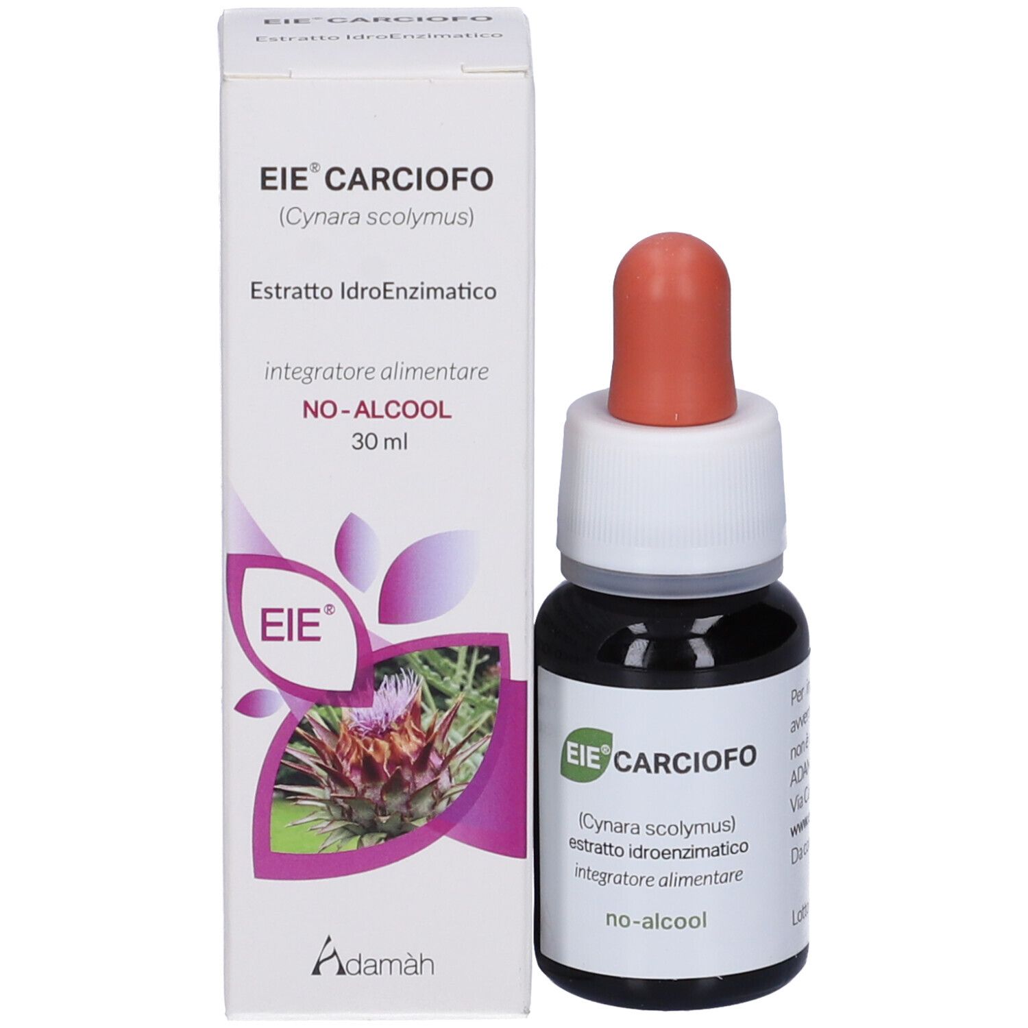 Flacon compte-gouttes et emballage. Inscription: EIE Carciofo, extrait d'artichaut, 30 ml.
