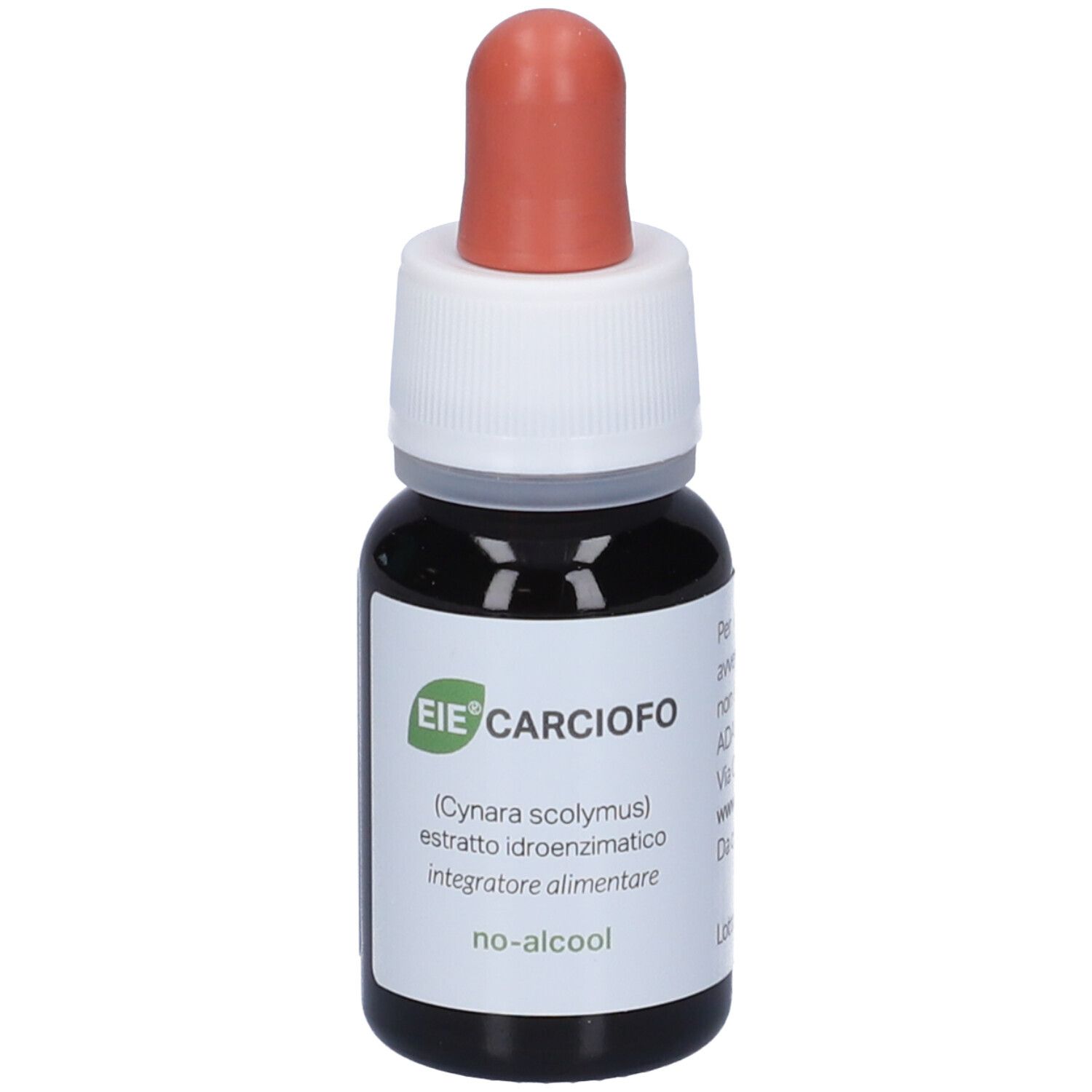 Flacon compte-gouttes brun avec pipette rouge. Inscription: EIE Carciofo, extrait d'artichaut.