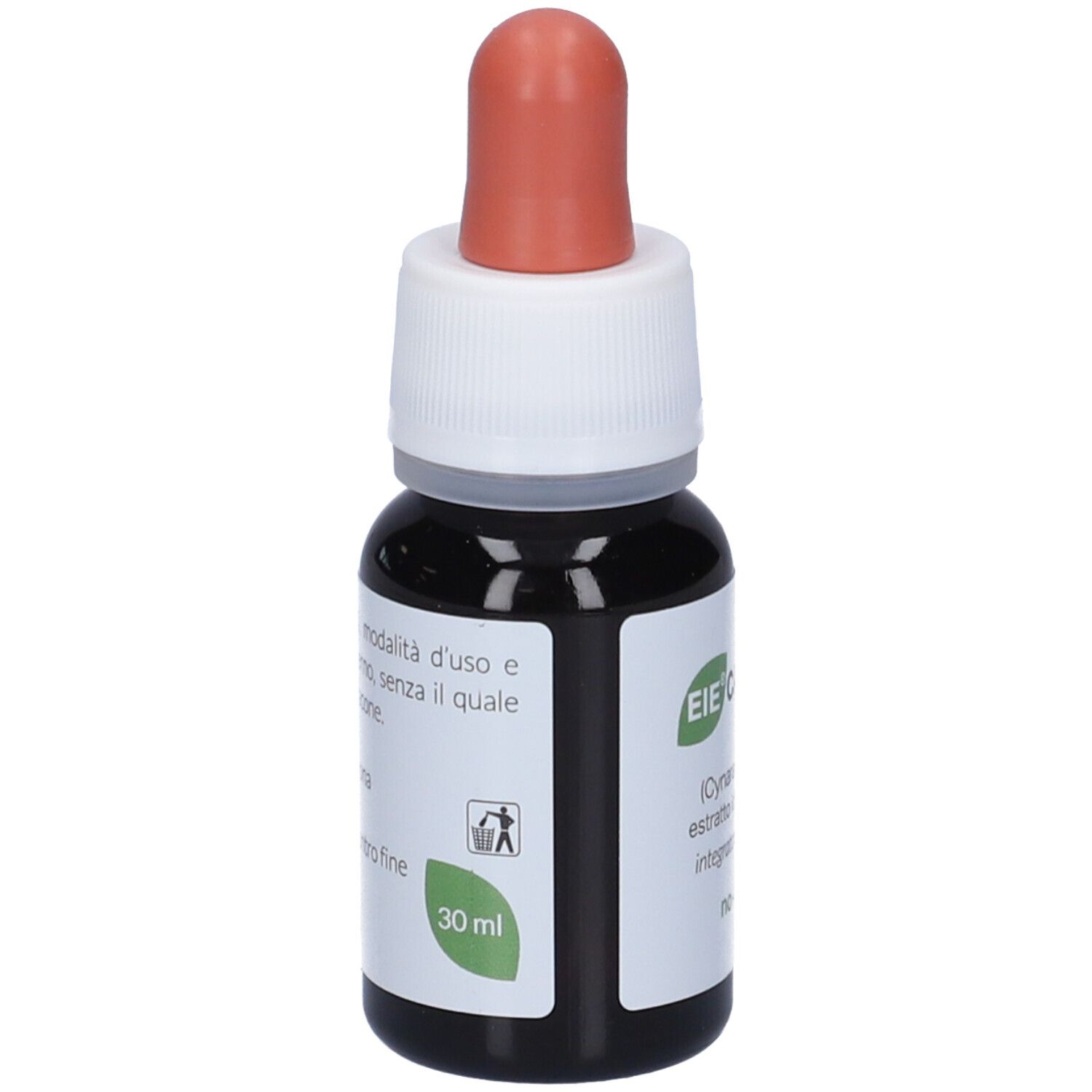 Flacon compte-gouttes brun avec pipette rouge. Inscription: EIE Carciofo, extrait d'artichaut, 30 ml.