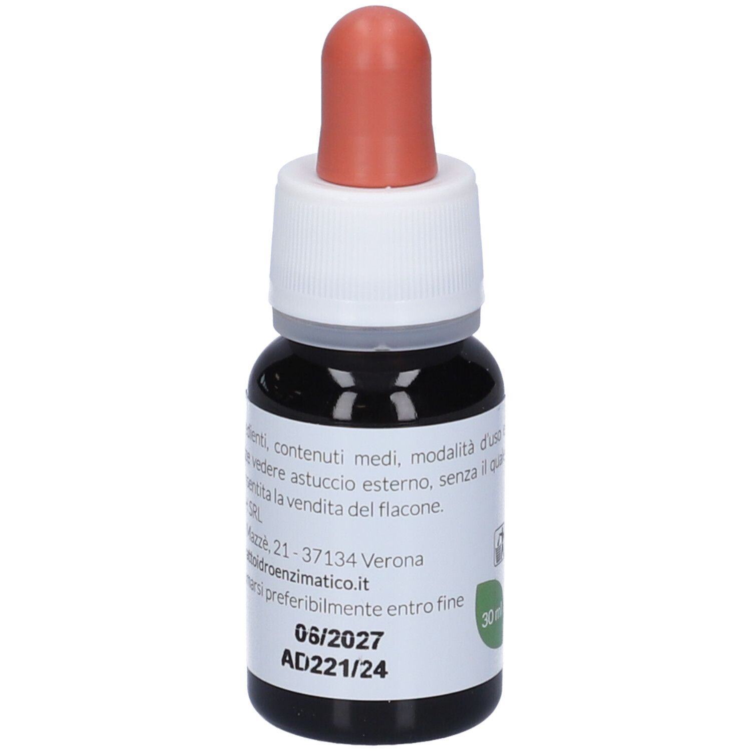 Flacon compte-gouttes brun avec pipette rouge. Inscription: EIE Carciofo, extrait d'artichaut, 30 ml.