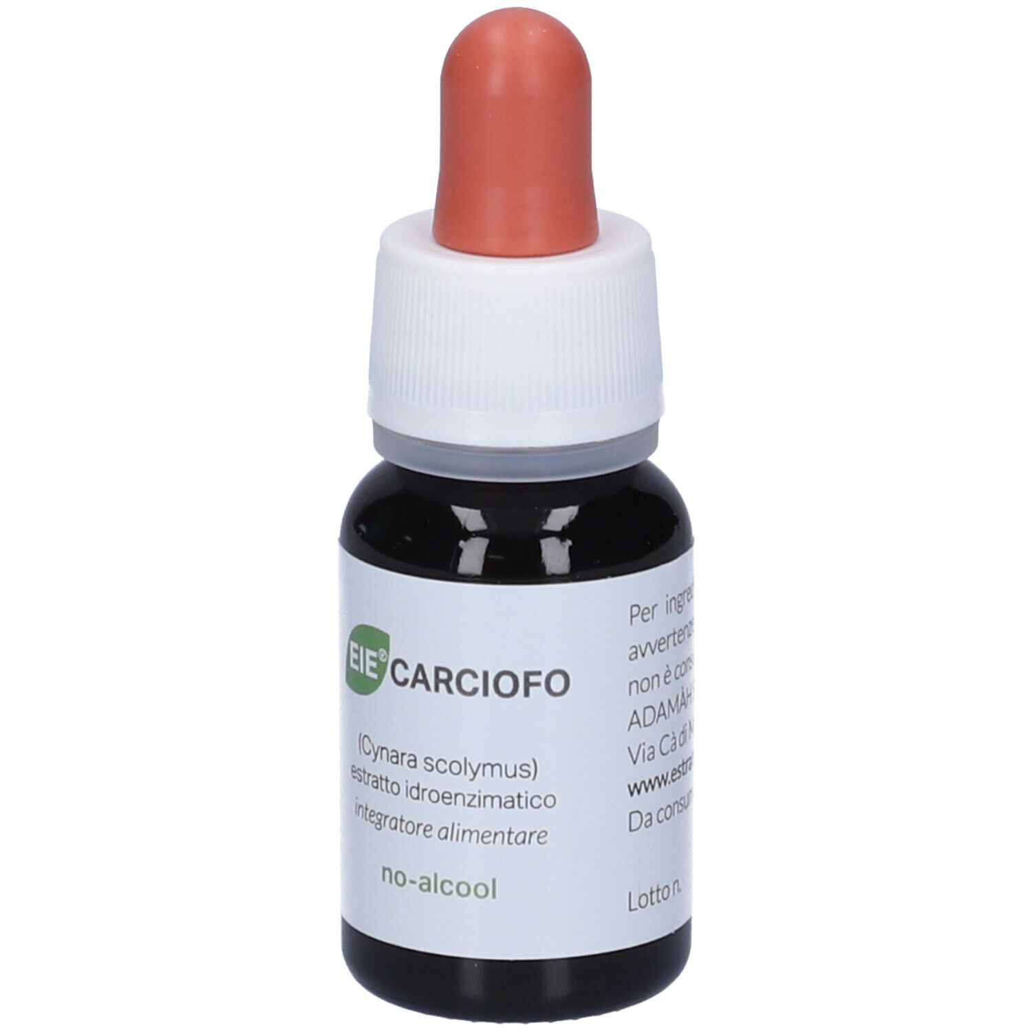 Flacon compte-gouttes brun avec pipette rouge. Inscription: EIE Carciofo, extrait d'artichaut, 30 ml.