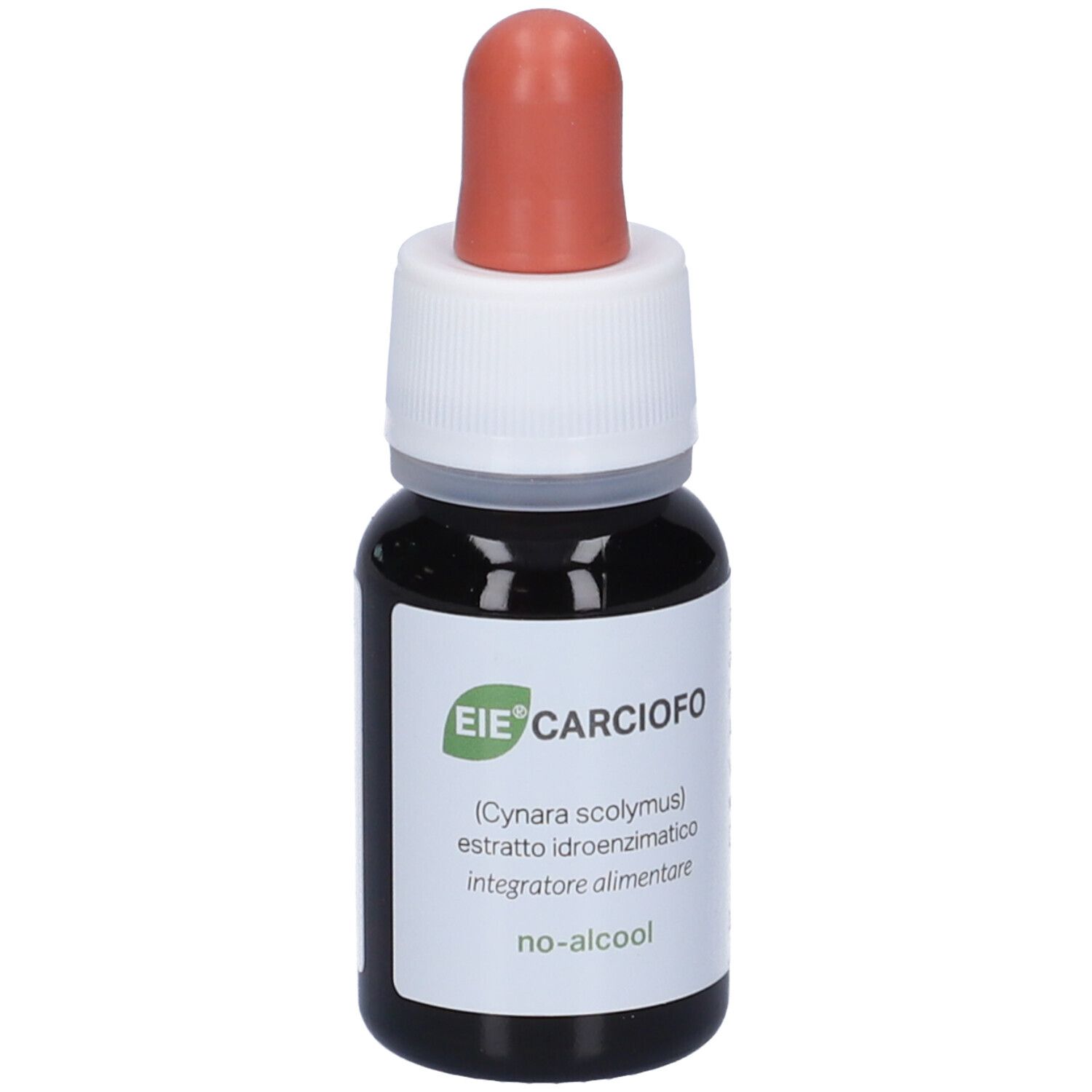 Flacon compte-gouttes brun avec pipette rouge. Inscription: EIE Carciofo, extrait d'artichaut, 30 ml.
