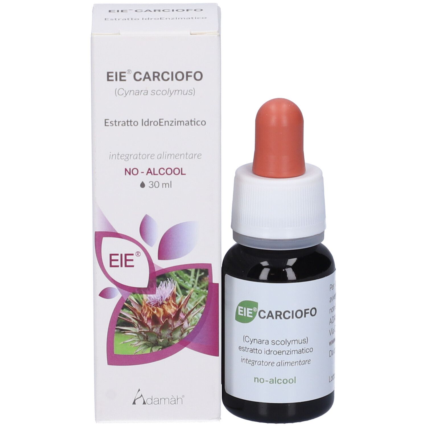 Flacon compte-gouttes et emballage. Inscription: EIE Carciofo, extrait d'artichaut, 30 ml.