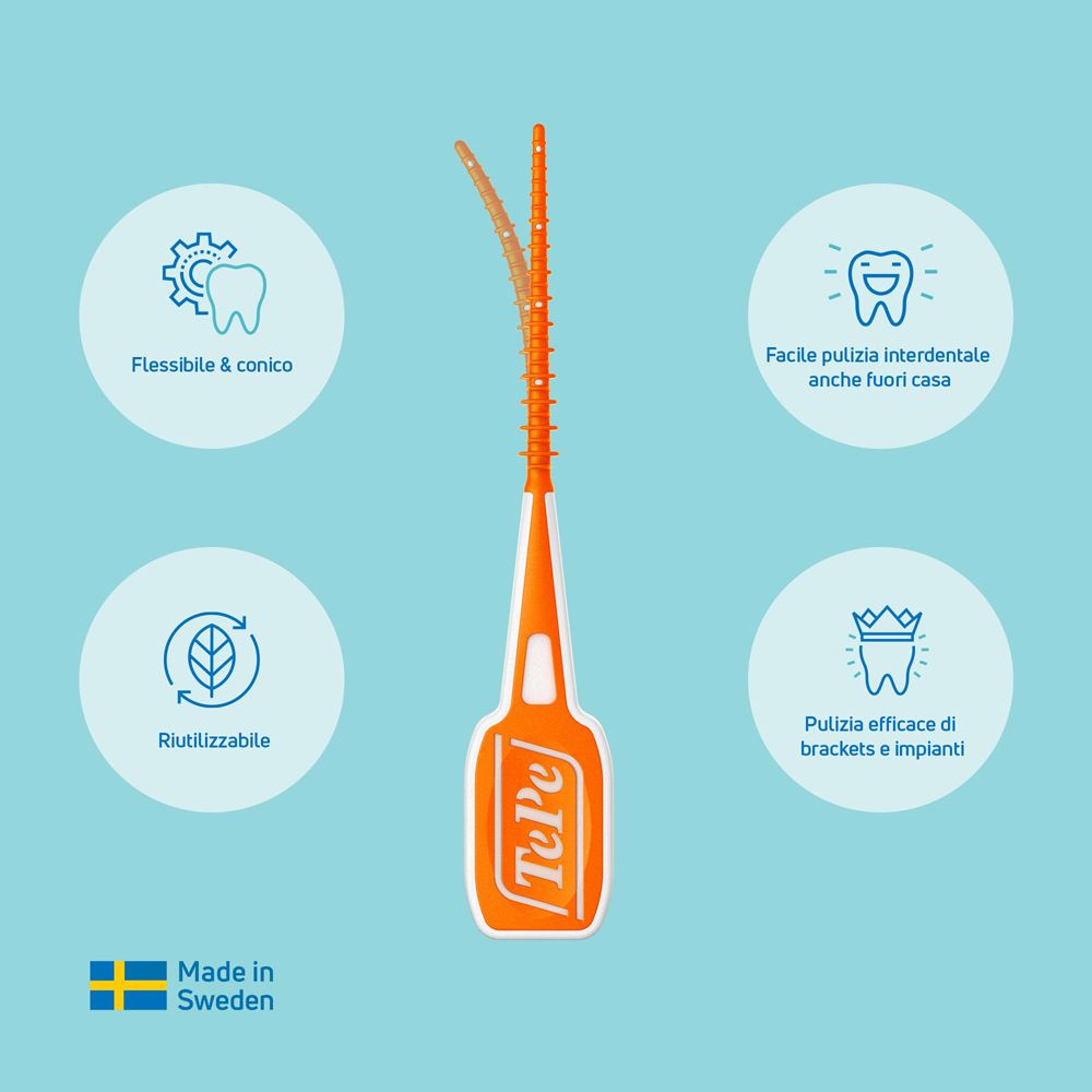 Orange Interdentalbürste mit flexibler Spitze und 'TePe'-Logo. Hergestellt in Schweden.